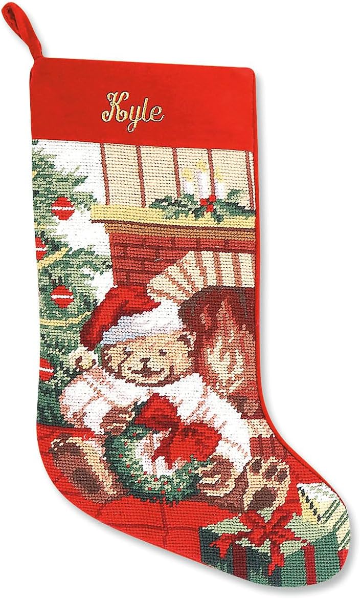 Lillian Vernon Personalized Needlepoint Reindeer Stocking - Heirloom Christmas Stocking, 100% Wool, 9.5” W x 17” L