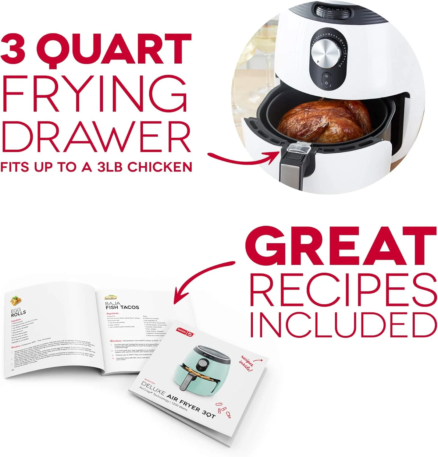 Dash Deluxe Electric Air Fryer + Oven Cooker with Temperature Control, Non-stick Fry Basket, Recipe Guide + Auto Shut off Feature, 1200-Watt, 3 Quart - White