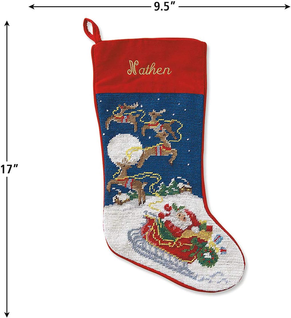 Lillian Vernon Personalized Needlepoint Reindeer Stocking - Heirloom Christmas Stocking, 100% Wool, 9.5” W x 17” L