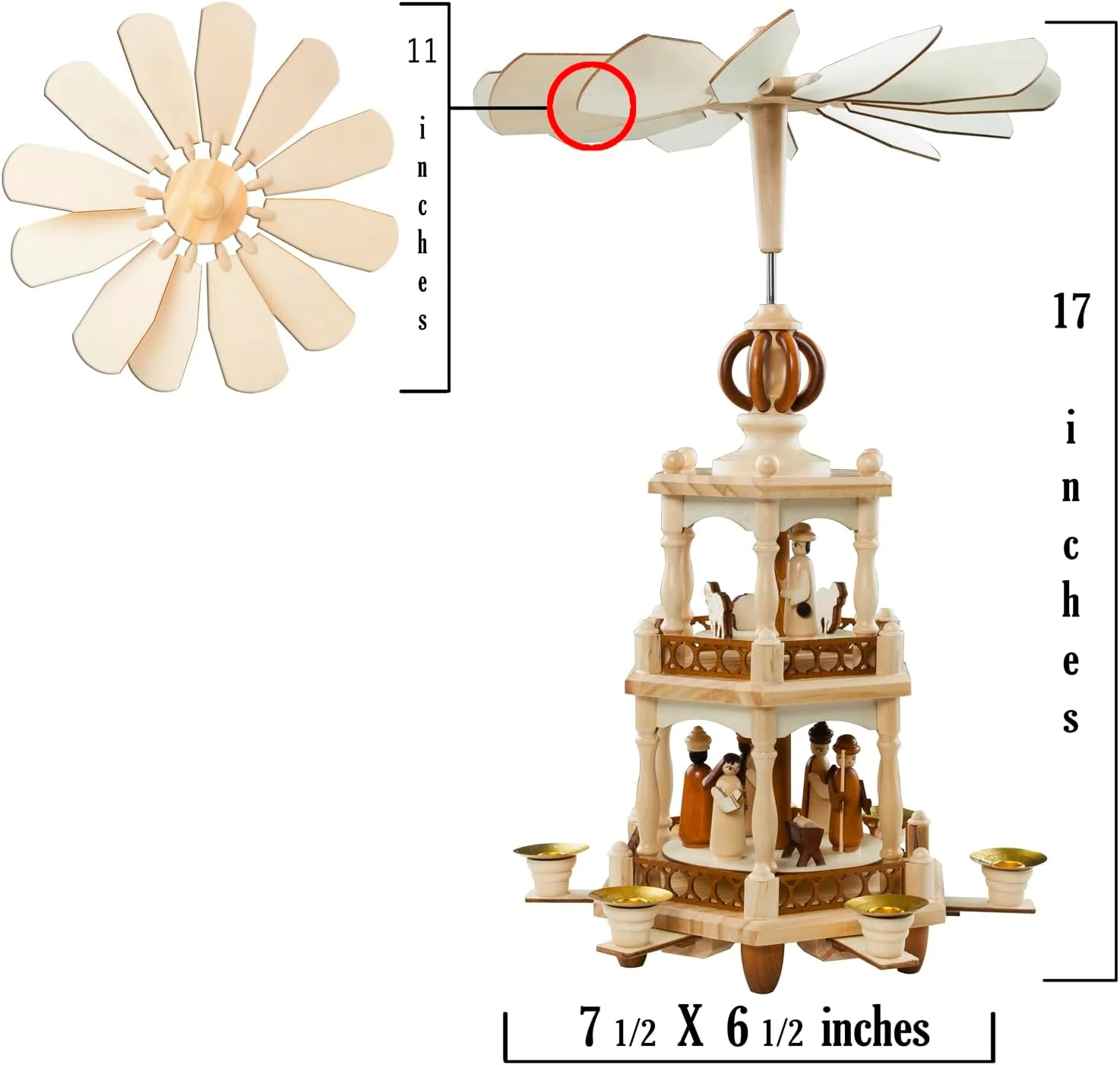 German Style Christmas Pyramid Carousel Decoration – 17.5 Inches - Wood Nativity Scene Set -Table Top Holiday Decor - 6 Candle Holders - of German Design.