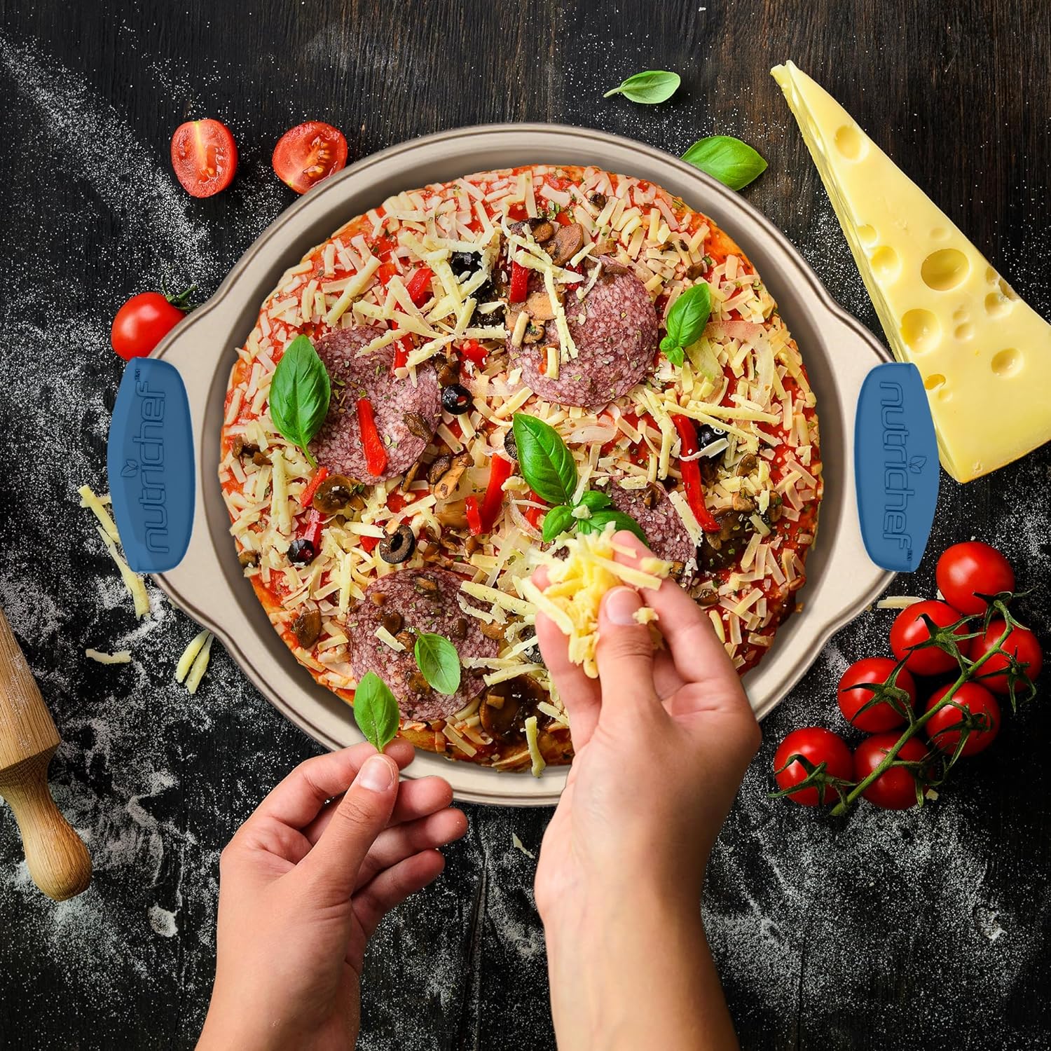 10-Piece Nonstick Bakeware Set   Premium Carbon Steel Baking Trays w/Heatsafe Silicone Handles, Includes Pizza Crisper, Loaf Pan, 12   24 Cup Muffin Pans, Round/Square Pans, Cookie Sheets