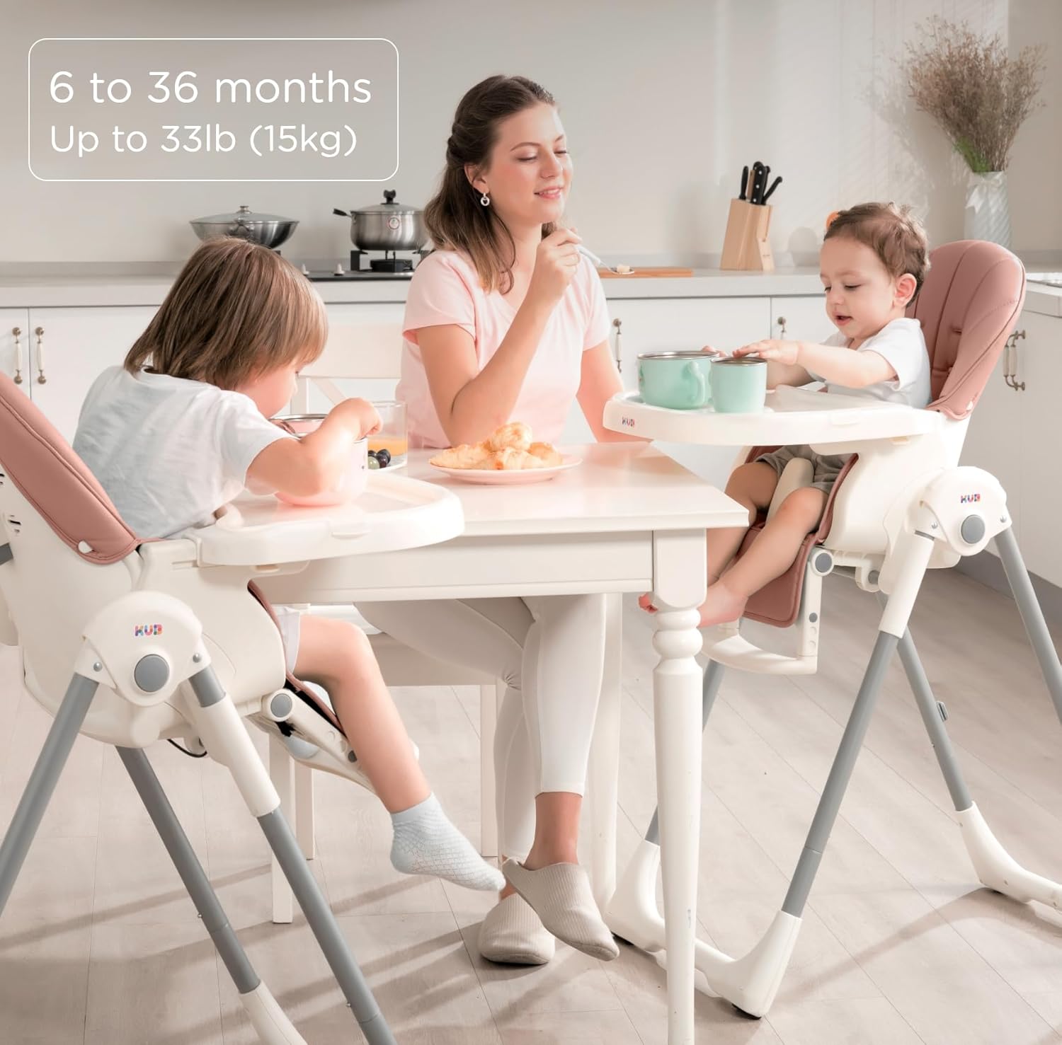 JBG Foldable Baby High Chair, Grey Faux Leather, Adjustable Height & Recline, Removable Tray, Locking Wheels, 5-Point Harness