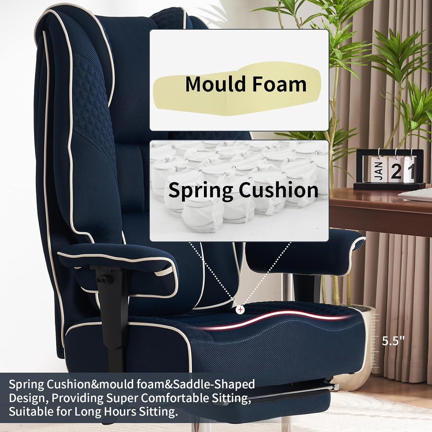 Large Tall Office Chair 400 lbs Wide Seat, Leather High Back Executive Office Chair with Footrest, Ergonomic Office Chair Lumbar Support to Relieve Lower Back Pain (Beige)