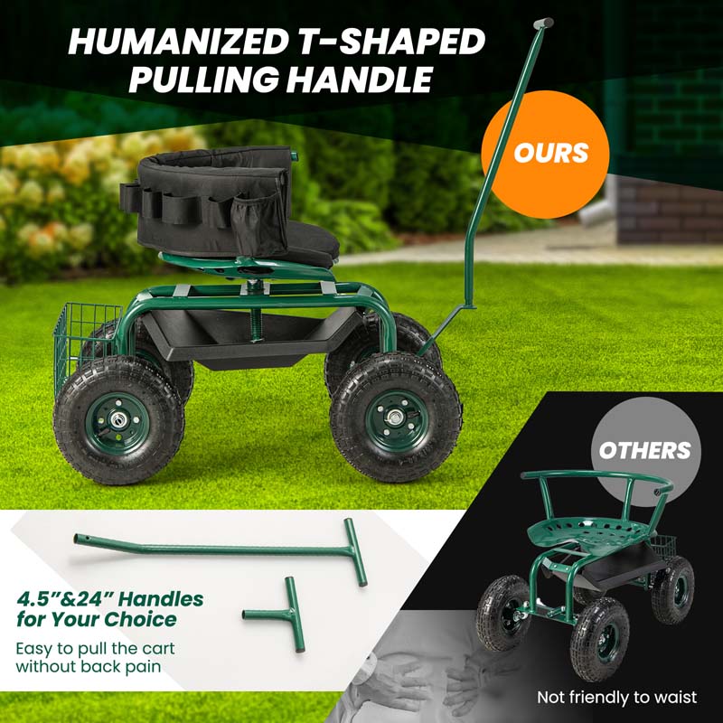 Green Rolling Garden Cart Workseat Garden Scooter with 360 Degree Swivel Cushioned Seat & Tool Storage, 2 Steering Handles