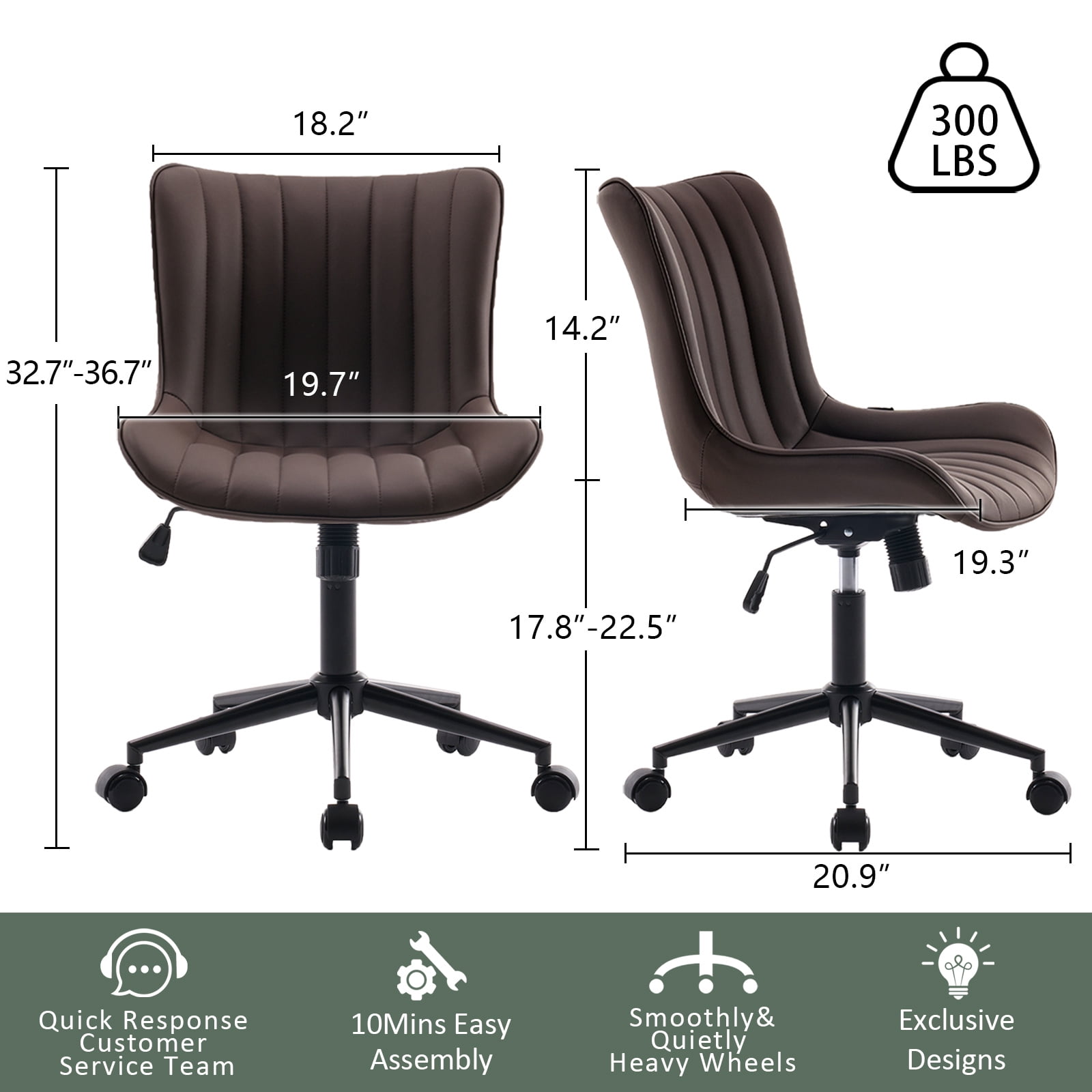 YOUNIKE Cute Armless Office Desk Chair Modern Upholstered Faux Leather Swivel Task Chair, Brown