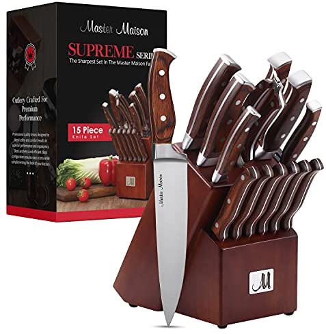 19-Piece Premium Kitchen Knife Set With Wooden Block | Master Maison German Stainless Steel Cutlery With Knife Sharpener & 8 Steak Knives
