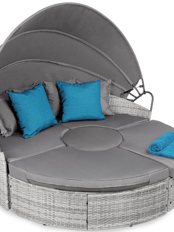 5-Piece 2-In-1 Wicker Daybed Sectional W/ Adjustable Seats, Canopy, Cover