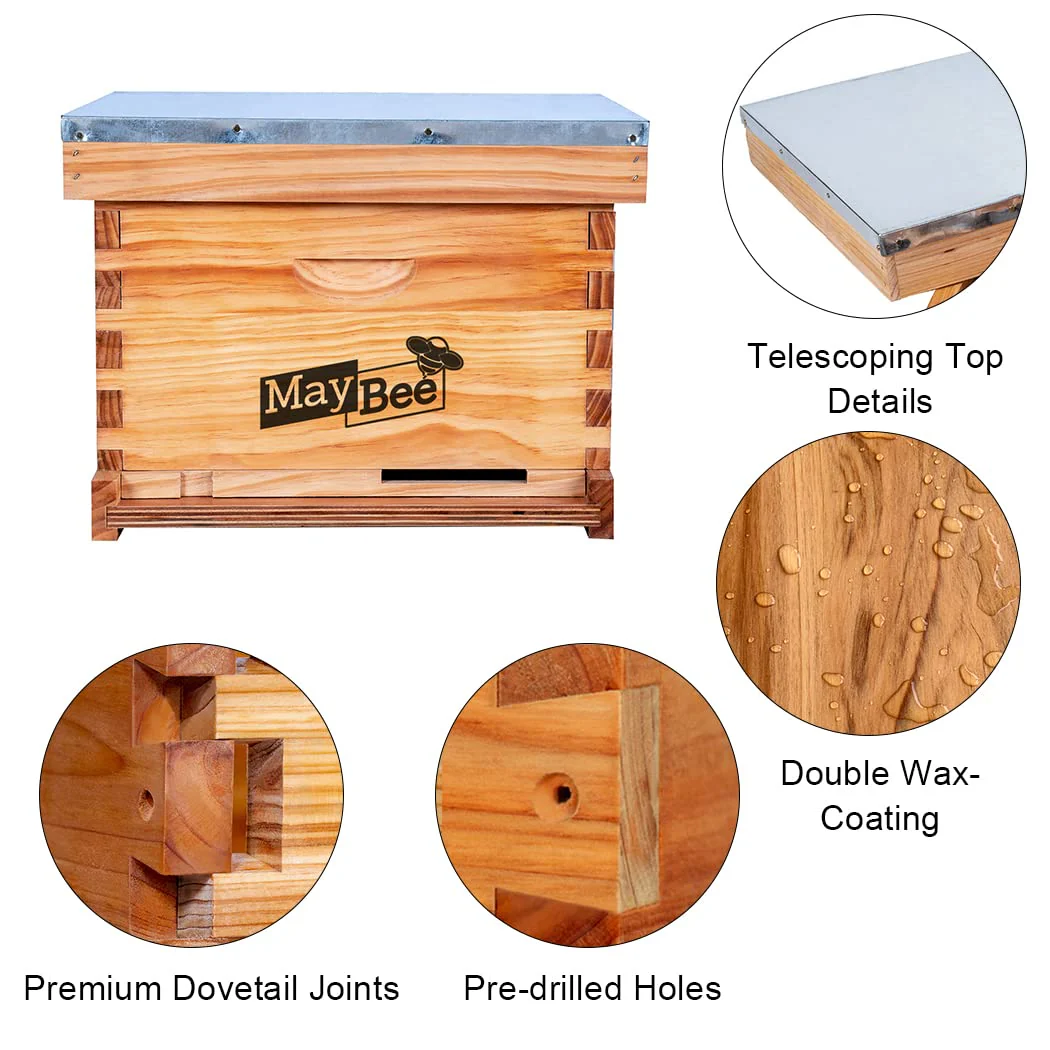 Beehive Starter Kit 8-Frame Bee Boxes and Frames Starter Kit Wax Coated Bee Hives and Supplies Starter Kit Including Beekeeping Tools Kit with Beekeeping Veil
