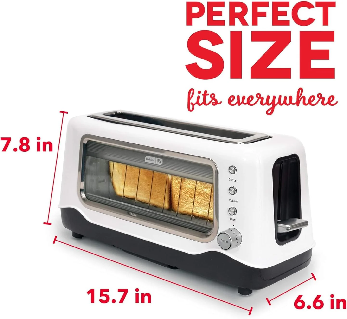 DASH Clear View Toaster - Compact Design with 7 Browning Levels & Clear-View Window, Extra-Wide Slot Large Toaster, 1-Touch Defrost, Reheat & Bagel Functions - Easy Clean Up Crumb Tray (White)