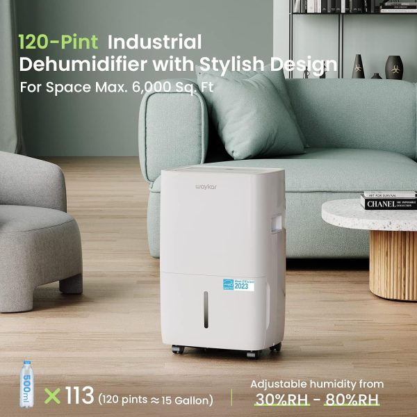 120 Pints Energy Star Dehumidifier for Spaces up to 6,000 Sq. Ft at Home, in Basements and Large Rooms with Drain Hose and 1.14 Gallons Water Tank (JD025CE-120)
