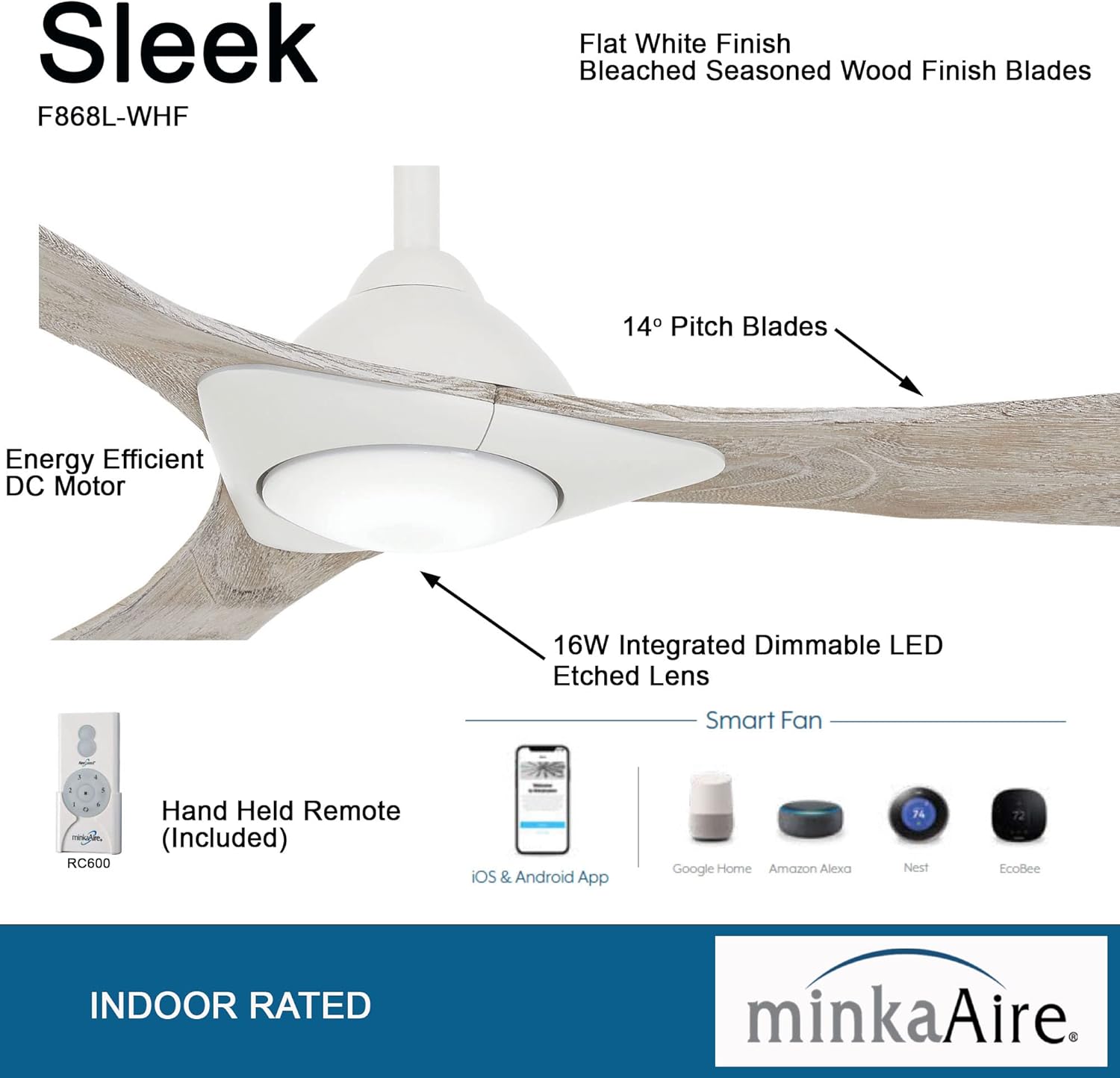 Minka-Aire Sleek 60′′ Ceiling Fan, Soft Brass/White, LED, Smart Remote/App Control, Energy Star Certified