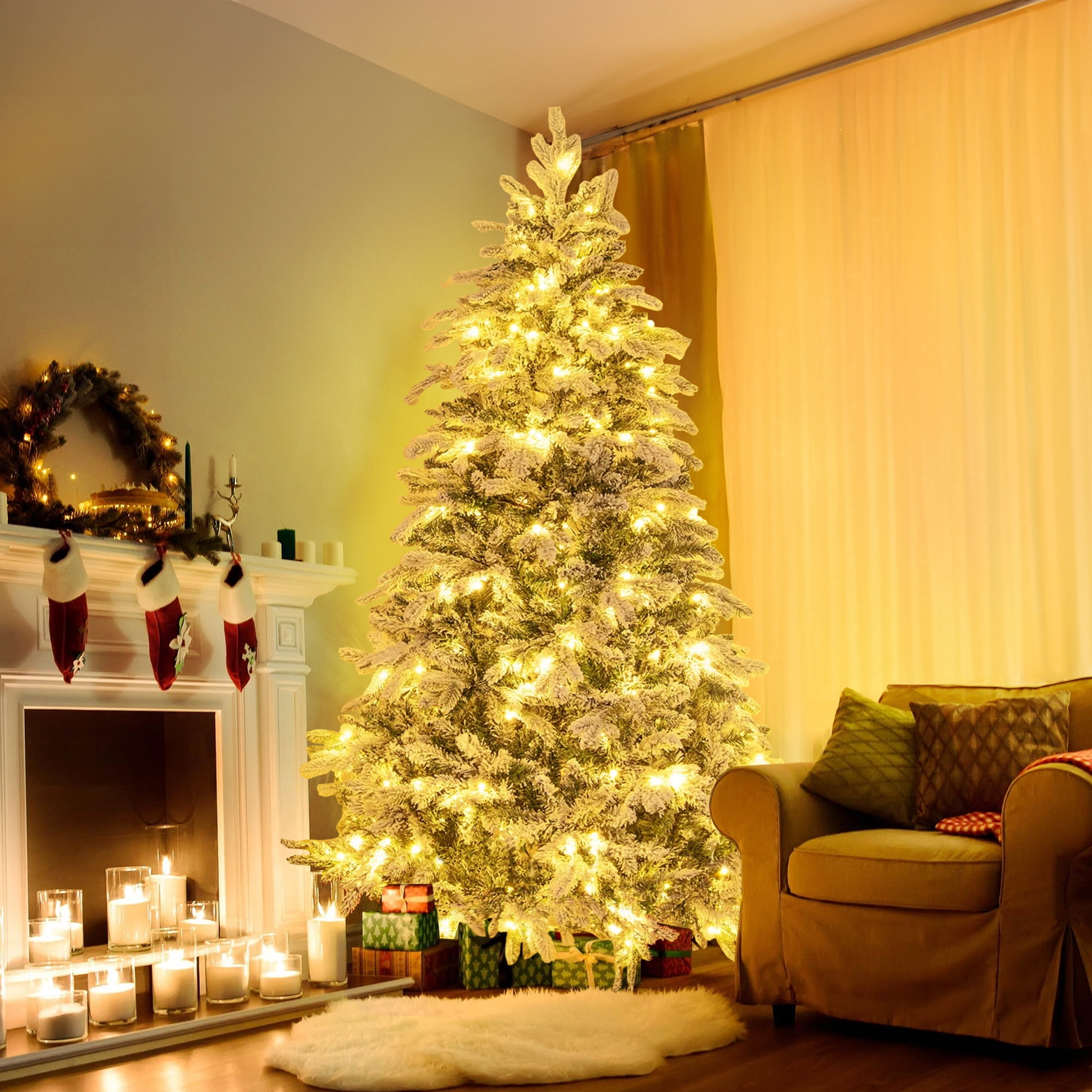 Vrilay 6ft Pre-Lit Snow Flocked Artificial Christmas Tree w/ 1000 Tips 300 Lights, Gold Ribbon & Snowflake Christmas Decorations