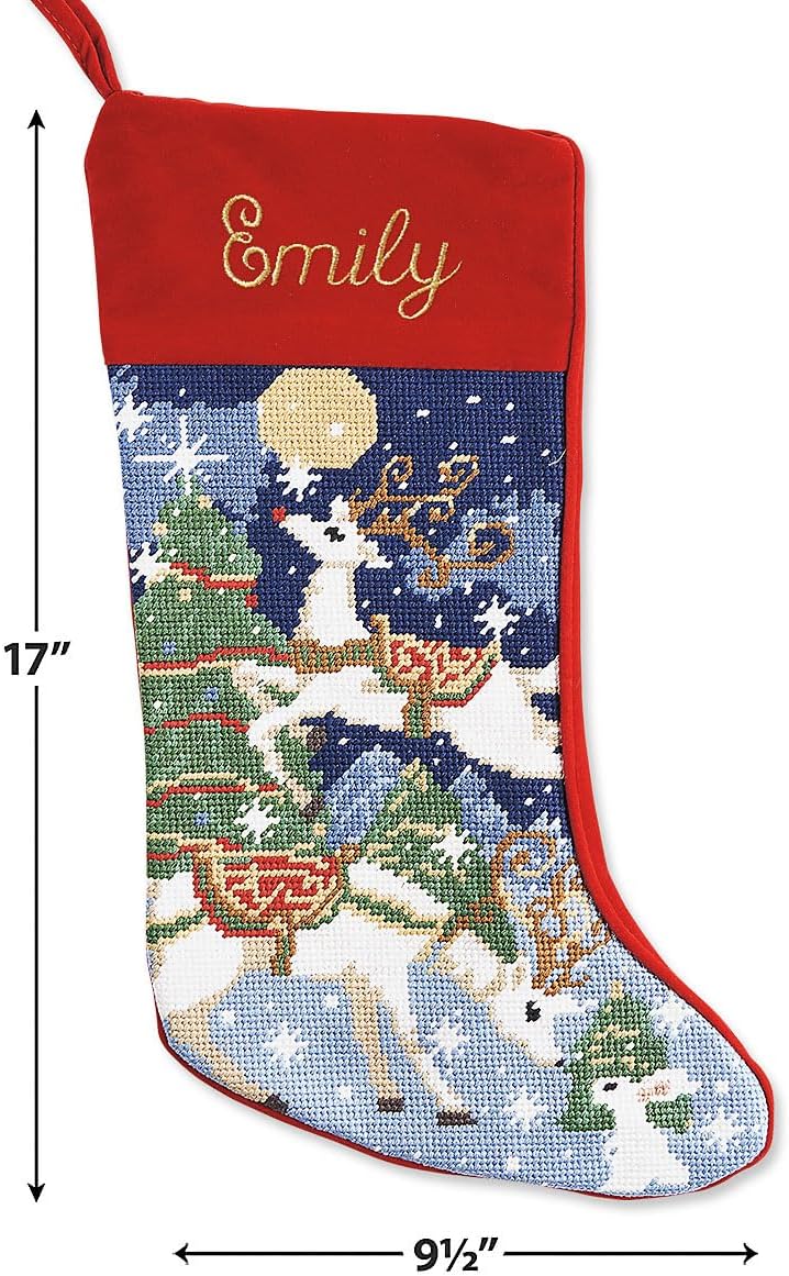 Lillian Vernon Personalized Needlepoint Reindeer Stocking - Heirloom Christmas Stocking, 100% Wool, 9.5” W x 17” L