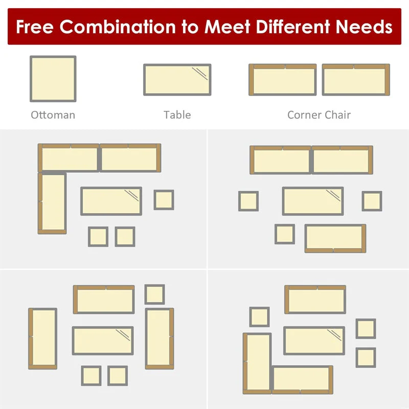 7 Pcs Rattan Patio Dining Furniture Sectional Sofa Set with Dining Table, Ottomans & Cushions