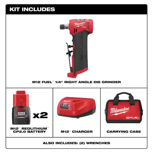2485-22 M12 FUEL 12-Volt Lithium-Ion Brushless Cordless 1/4 in. Right Angle Die Grinder Kit w/ (2) 2.0Ah Batteries