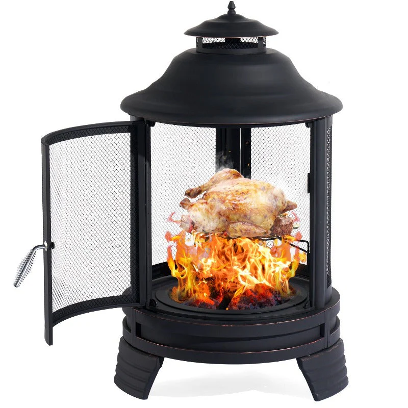 Pagoda-style Chiminea Fire Pit with Grill, Removable Grate and Mesh Spark Screen Doors, Outdoor Wood Burning Fire Pit