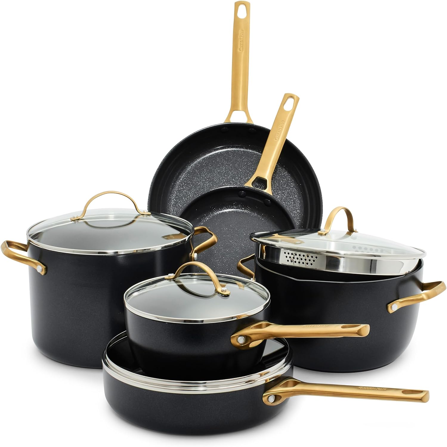 Reserve Hard Anodized Healthy Ceramic Nonstick 10 Piece Cookware Pots and Pans Set, Gold Handle, PFAS-Free, Dishwasher Safe, Oven Safe, Black