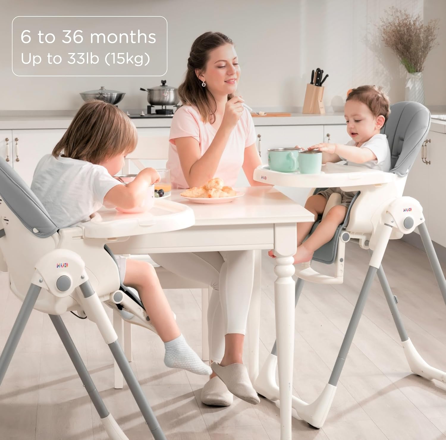 JBG Foldable Baby High Chair, Grey Faux Leather, Adjustable Height & Recline, Removable Tray, Locking Wheels, 5-Point Harness