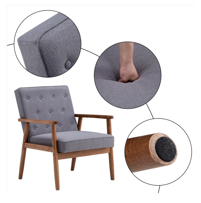 (75 x 69 x 84) cm Retro Modern Wooden Single Chair, Grey Fabric