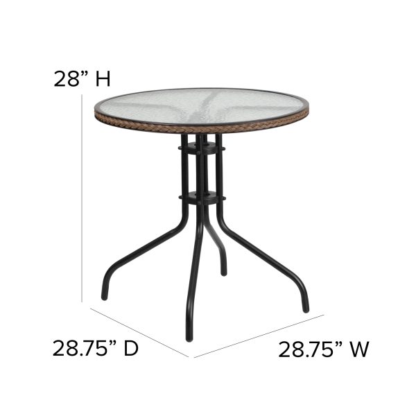 28  Round Glass Metal Table with Dark Brown Rattan Edging and 2 Dark Brown Rattan Stack Chairs