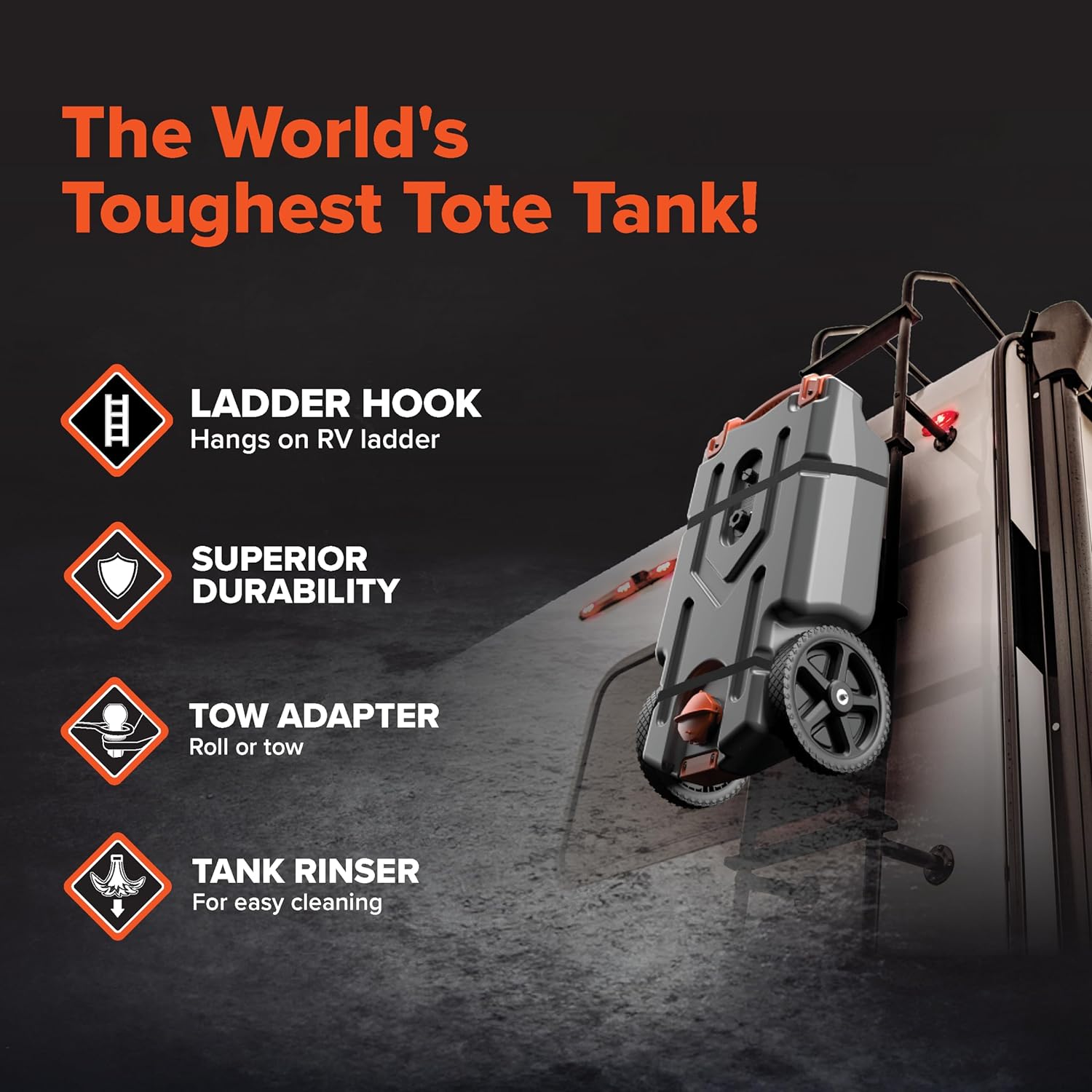 36-Gallon Portable Camper / RV Tote Tank – Features Large Heavy-Duty No-Flat Wheels & Built-In Gate Valve – Removable Steel Tow Adapter, 3’ RV Sewer Hose & More RV Accessories (39006)