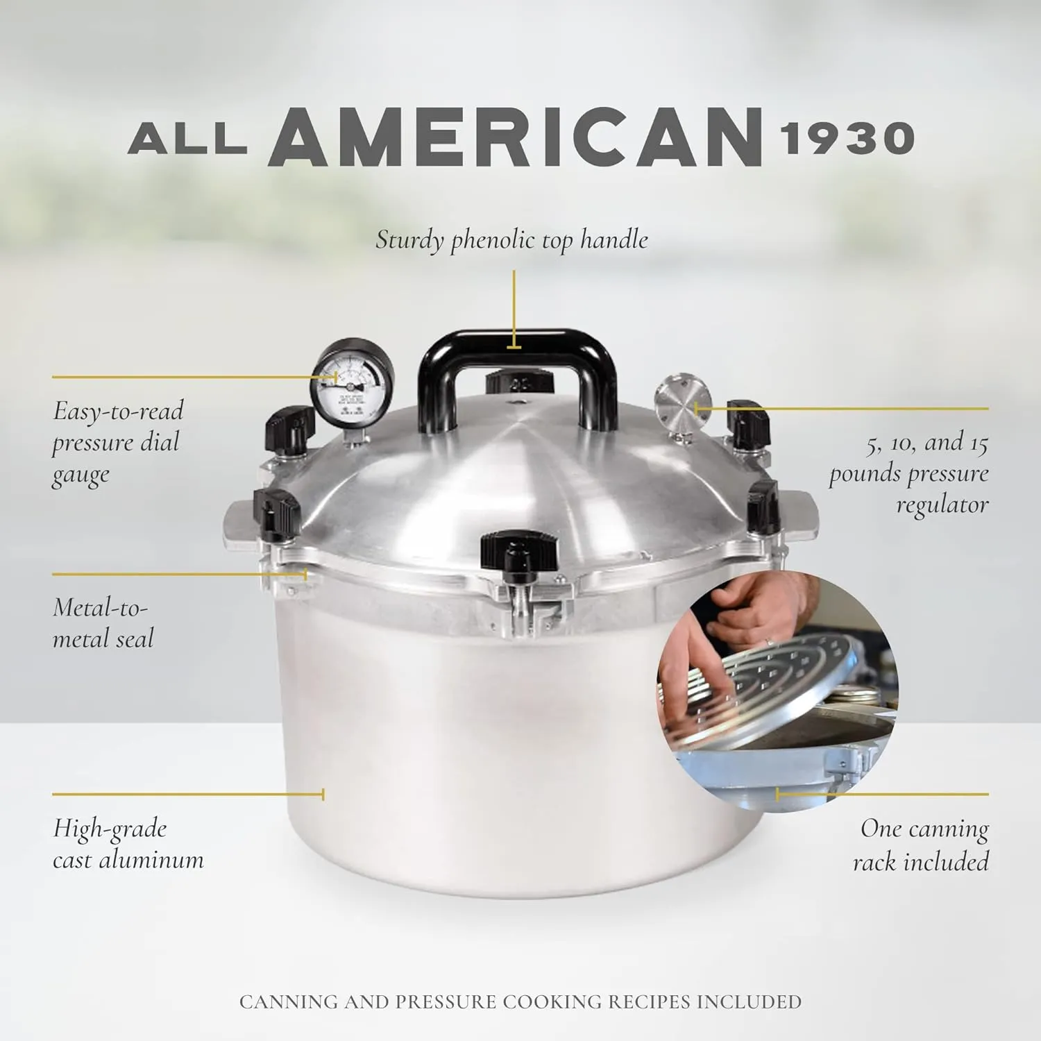All American 1930 21.5qt Pressure Cooker & Canner, Aluminum, Metal-to-Metal Seal, Gas & Electric Compatible, Made in USA