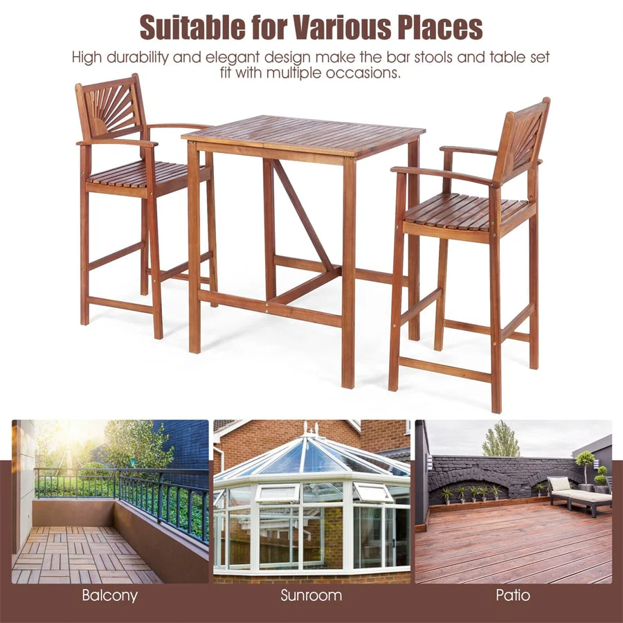 3 Pcs Acacia Wood Dining Set Outdoor Patio Bar Table Set Bistro Set with Two Bar Stools
