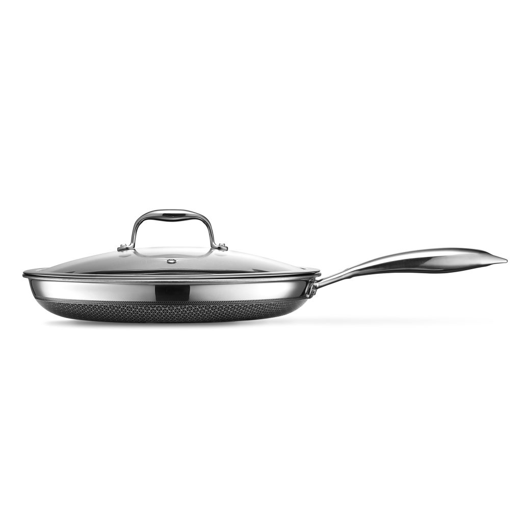 HexClad 12-Inch Hybrid Nonstick Fry Pan with Glass Lid, Oven & Dishwasher Safe, Silver