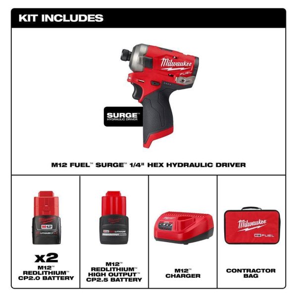 2551-22-48-11-2425 M12 FUEL SURGE 12V Lithium-Ion Brushless Cordless 1/4 in. Hex Impact Driver Kit w/CP High Output 2.5 Ah Battery Pack