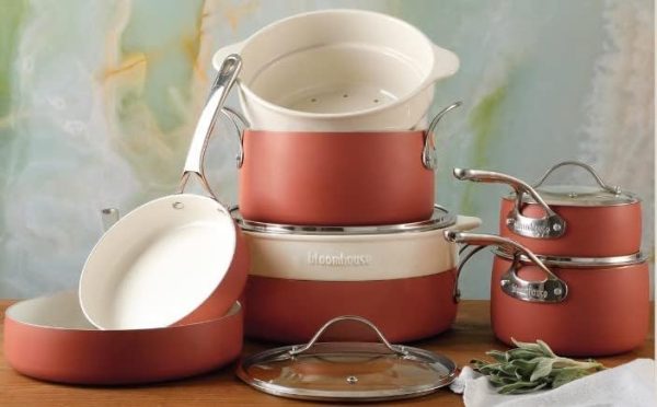 12 Piece Aluminum Pots and Pans Cookware Set w/Non-toxic Ceramic Non-stick, Ceramic Steamer Insert, 12 Protective Care Bags Terracotta Orange