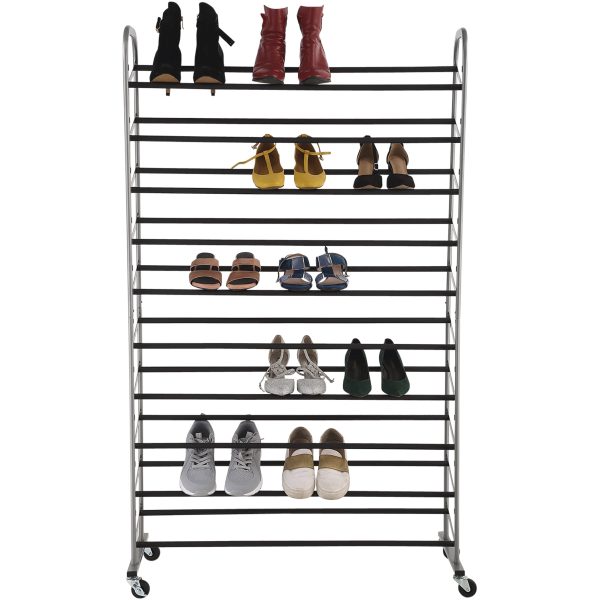 10-Tier Rolling Shoe Rack, Silver Finish, up to 30 Pair of Shoes