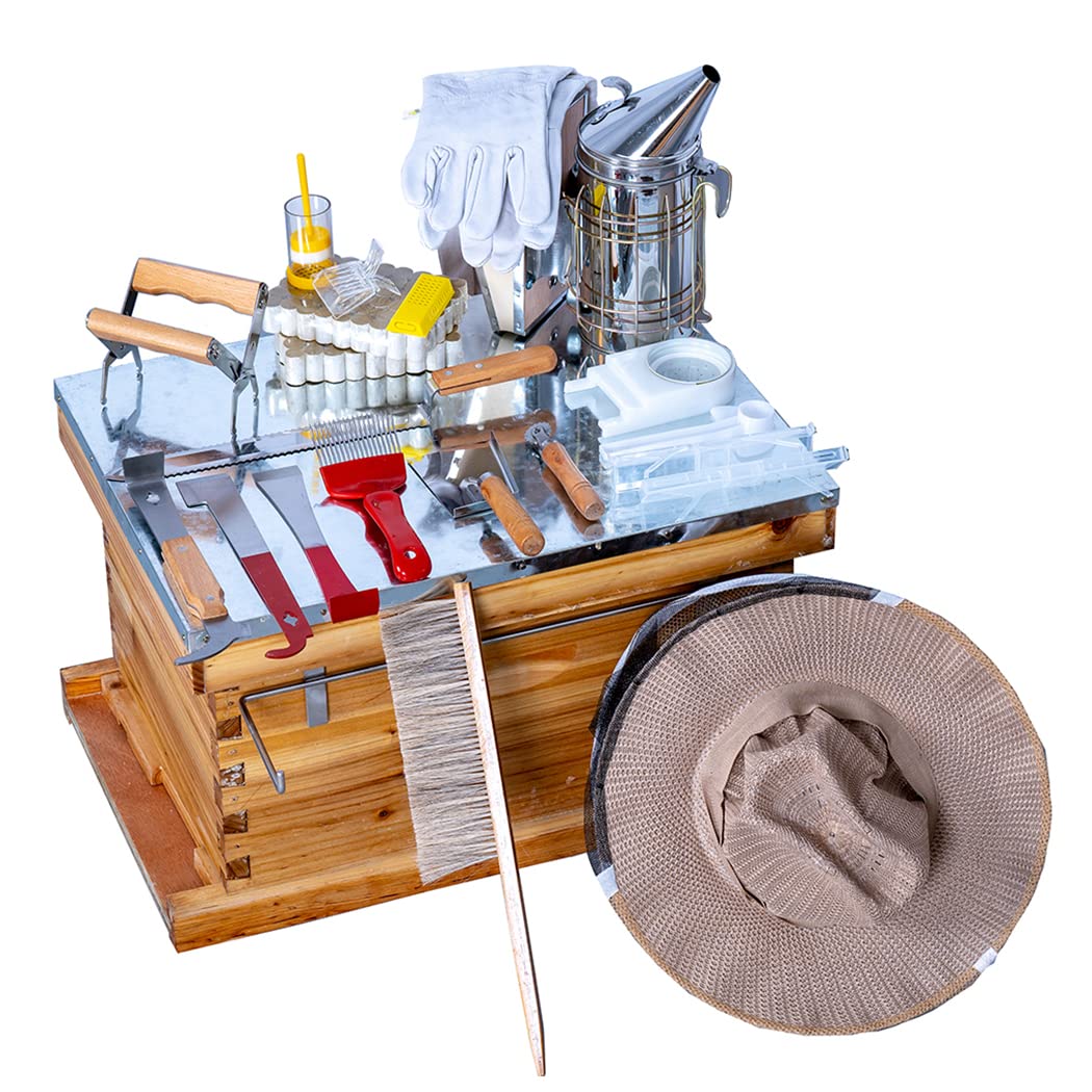 Beehive Starter Kit 8-Frame Bee Boxes and Frames Starter Kit Wax Coated Bee Hives and Supplies Starter Kit Including Beekeeping Tools Kit with Beekeeping Veil