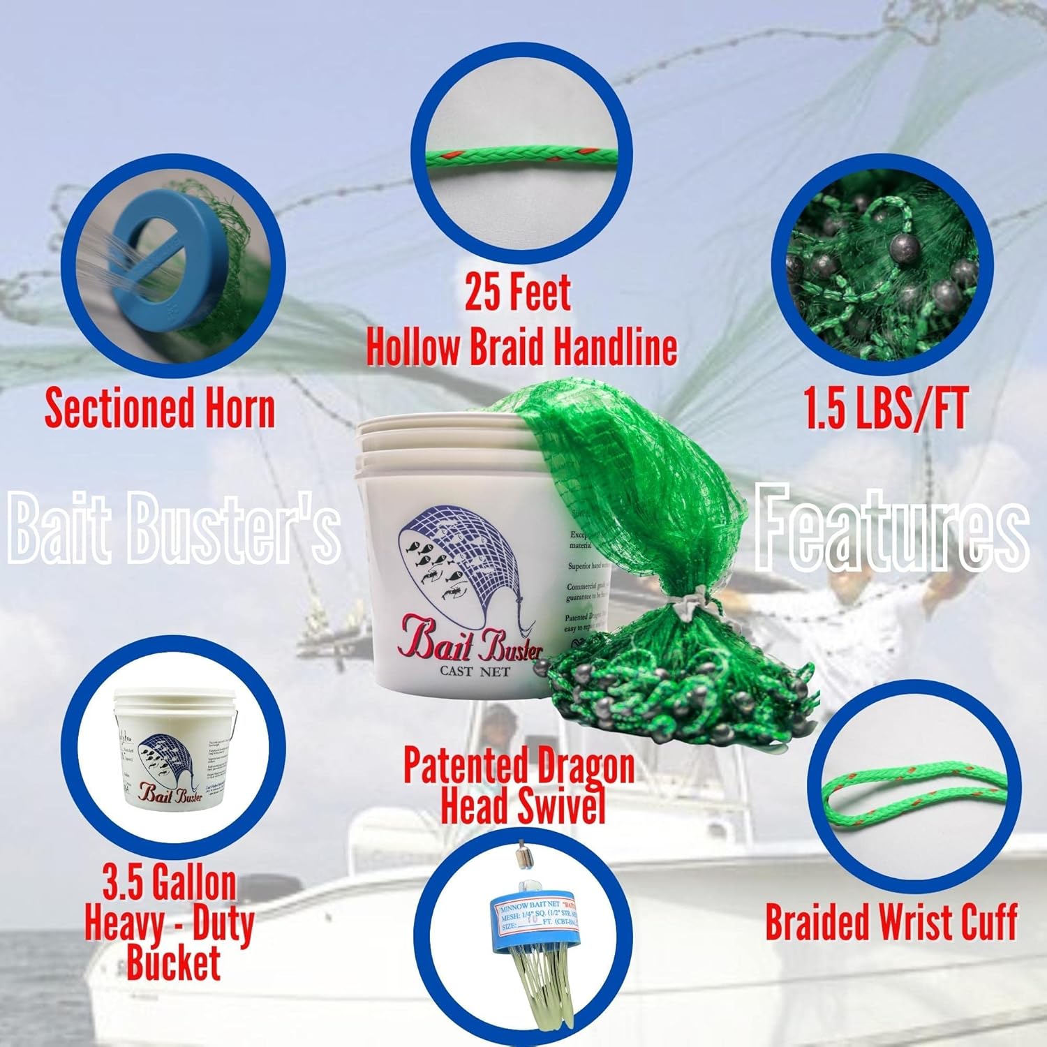 Bait Buster 5FT Radius Cast Net, Green, 3/8′′ Sq. Mesh, 100 LB Braille Lines, Fishing