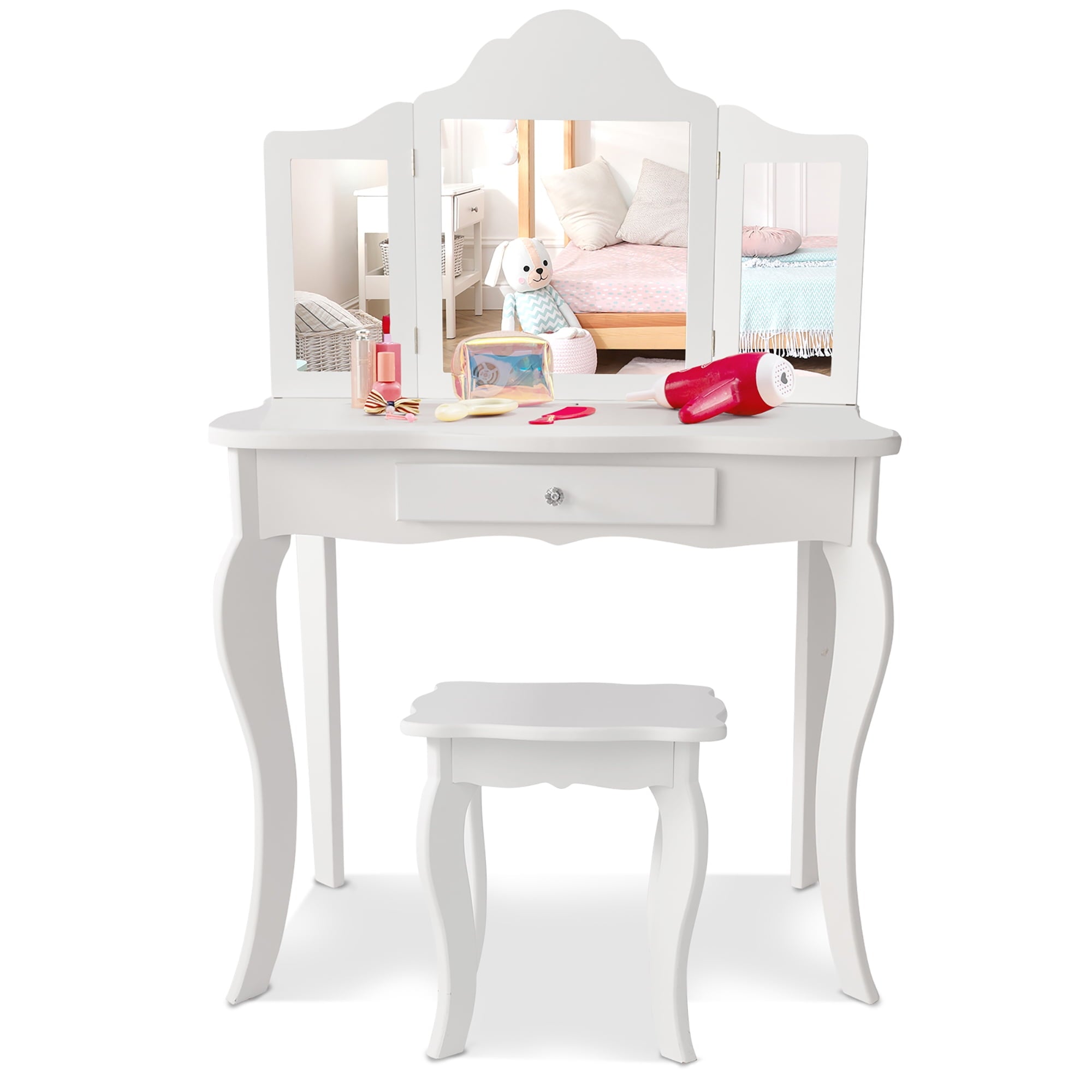 Costway Vanity Table Set Makeup Dressing Table Kids Stool Mirror White