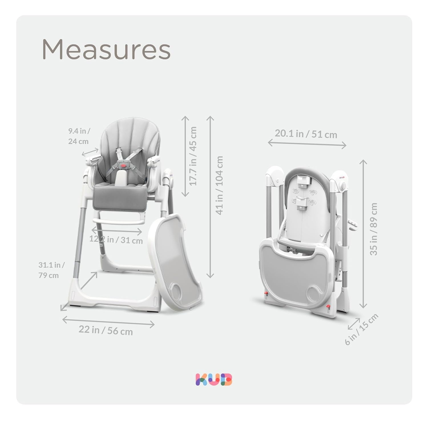 JBG Foldable Baby High Chair, Grey Faux Leather, Adjustable Height & Recline, Removable Tray, Locking Wheels, 5-Point Harness