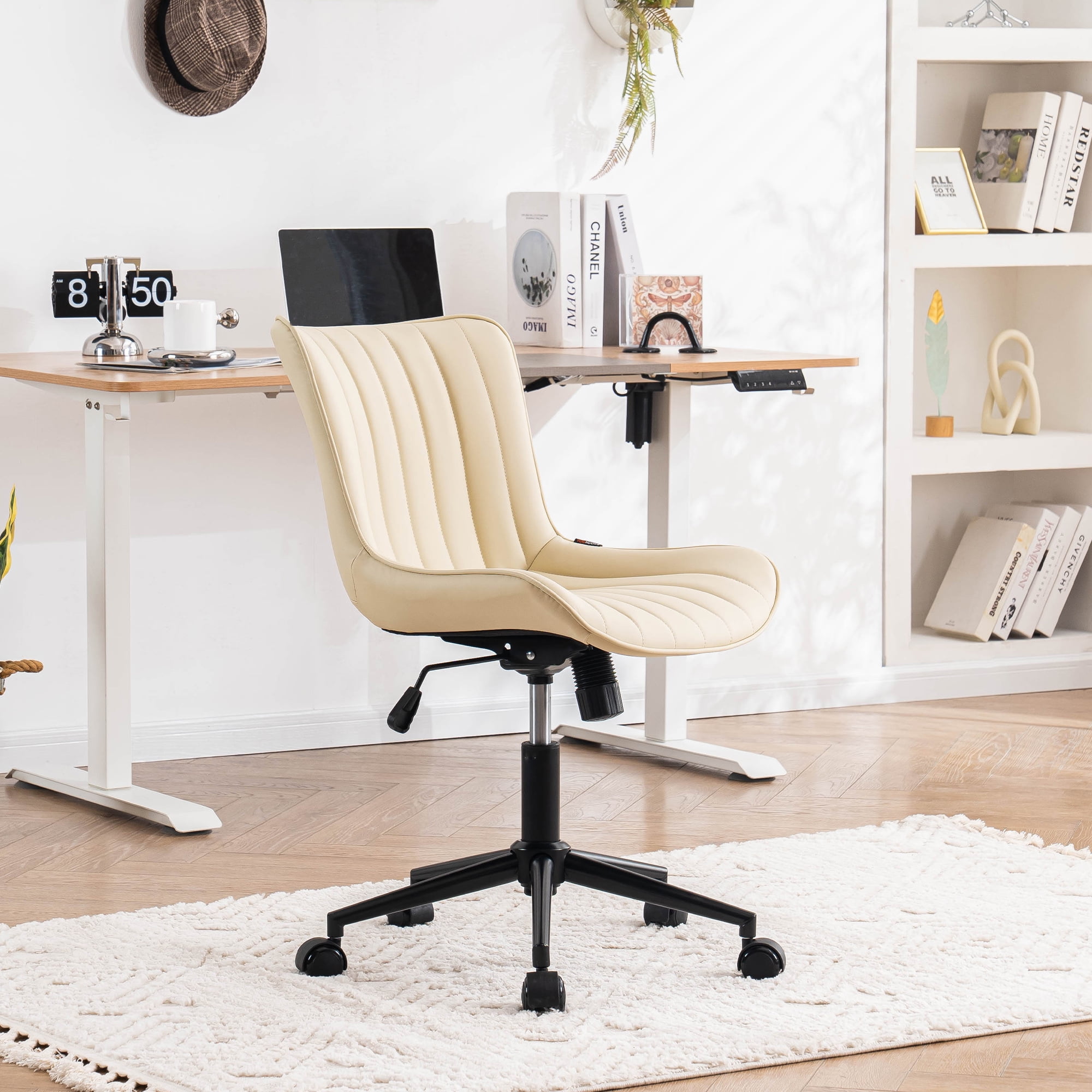 YOUNIKE Cute Armless Office Desk Chair Modern Upholstered Faux Leather Swivel Task Chair, Brown