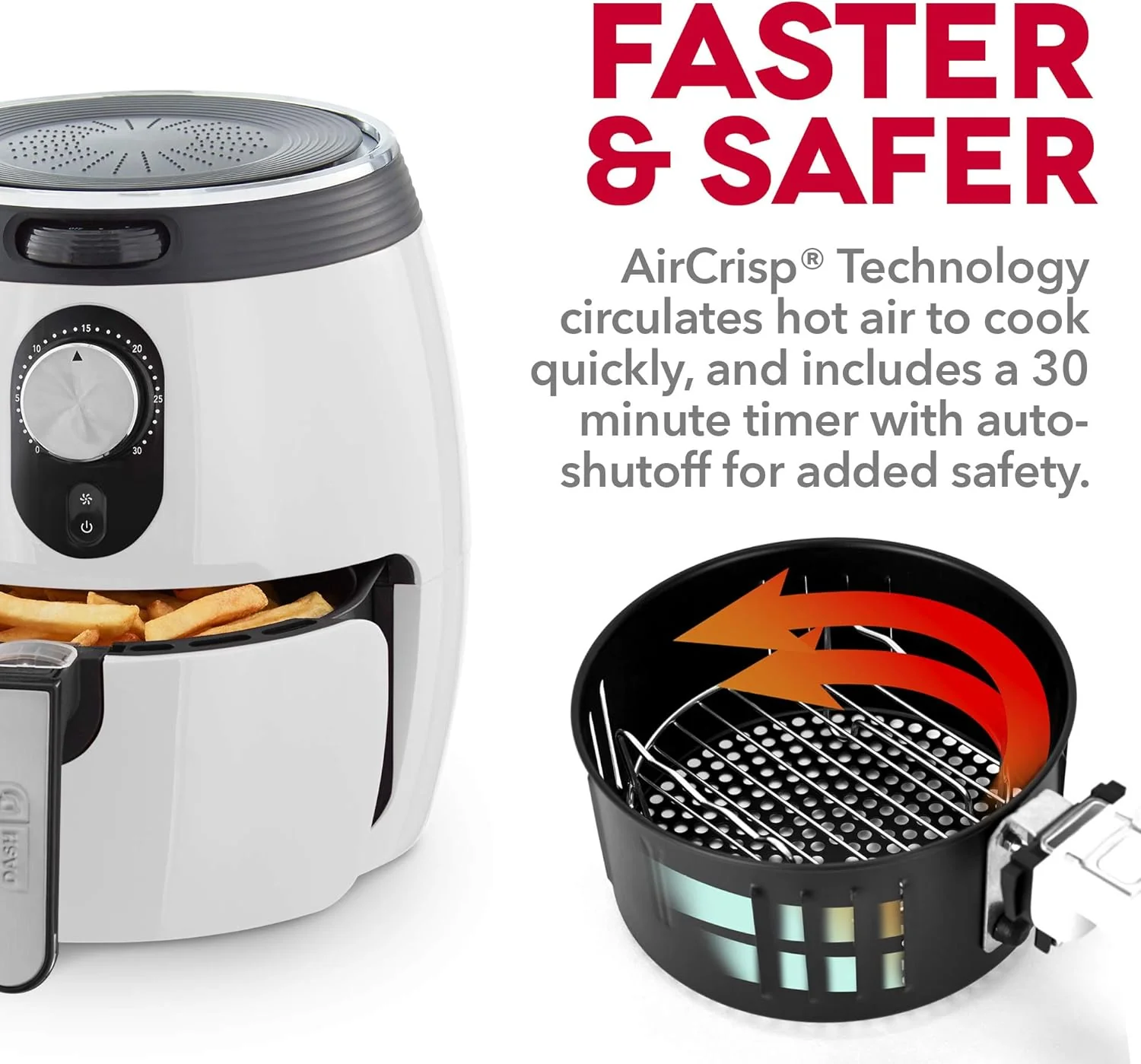 Dash Deluxe Electric Air Fryer + Oven Cooker with Temperature Control, Non-stick Fry Basket, Recipe Guide + Auto Shut off Feature, 1200-Watt, 3 Quart - White