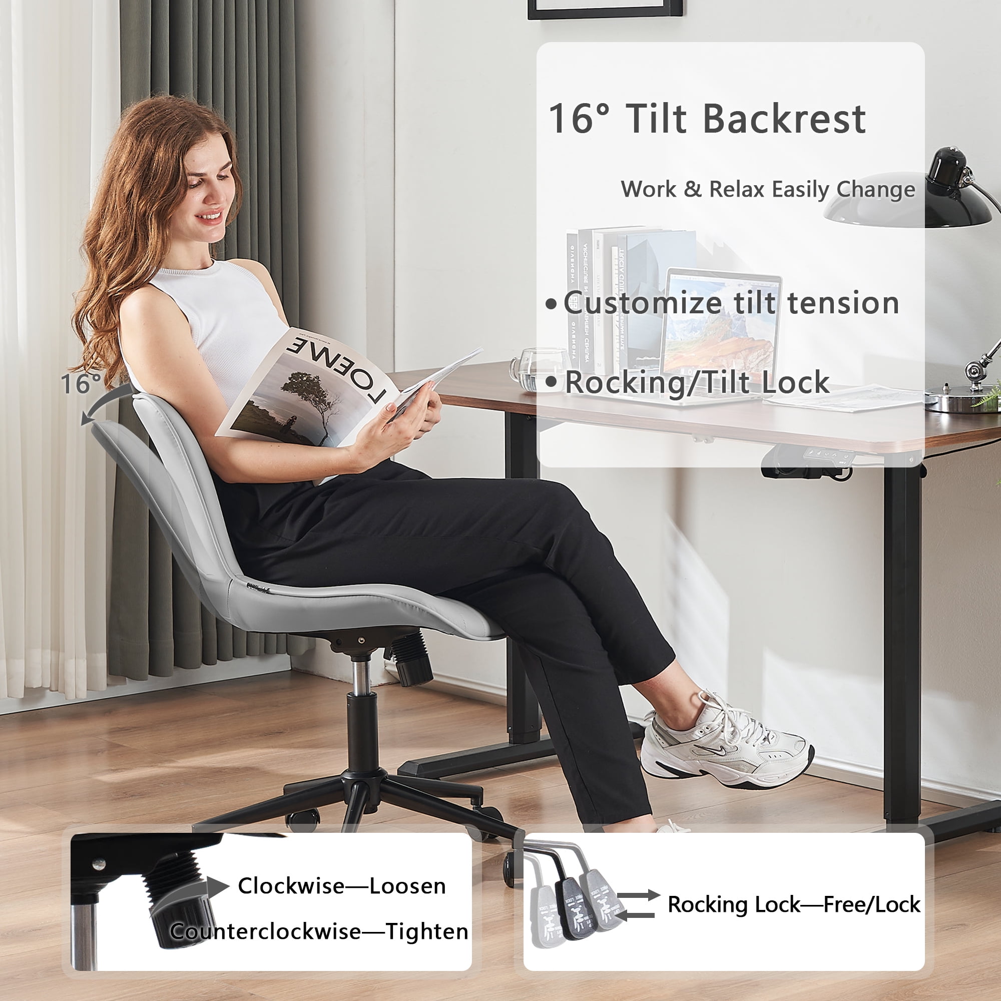 YOUNIKE Cute Armless Office Desk Chair Modern Upholstered Faux Leather Swivel Task Chair, Brown