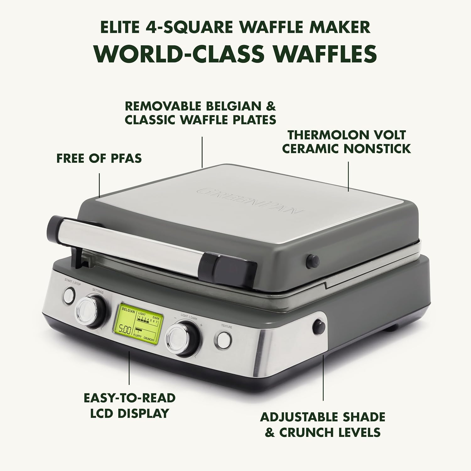Elite 4-Square Belgian & Classic Waffle Iron, Healthy Ceramic Nonstick Aluminum Dishwasher Safe Plates, Adjustable Shade/Crunch Control, Wont Overflow, Easy Cleanup Breakfast,