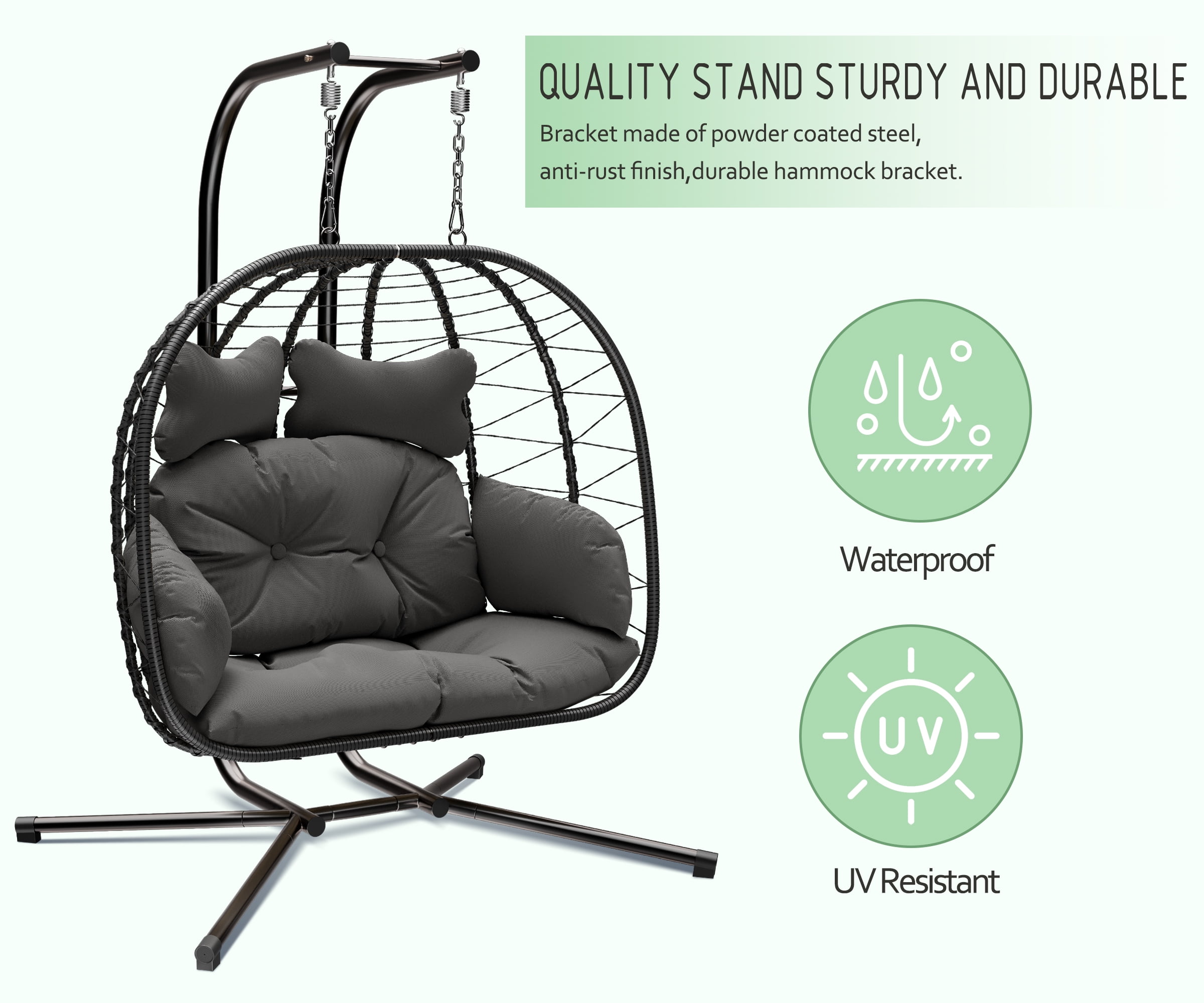 Bifanuo Double Wicker Swing Egg Chair Hammock Foldable Hanging Loveseat with Stand, UV Resistant Removable Cushions, 700LBS Capacity for Bedroom, Balcony (Black and Beige)