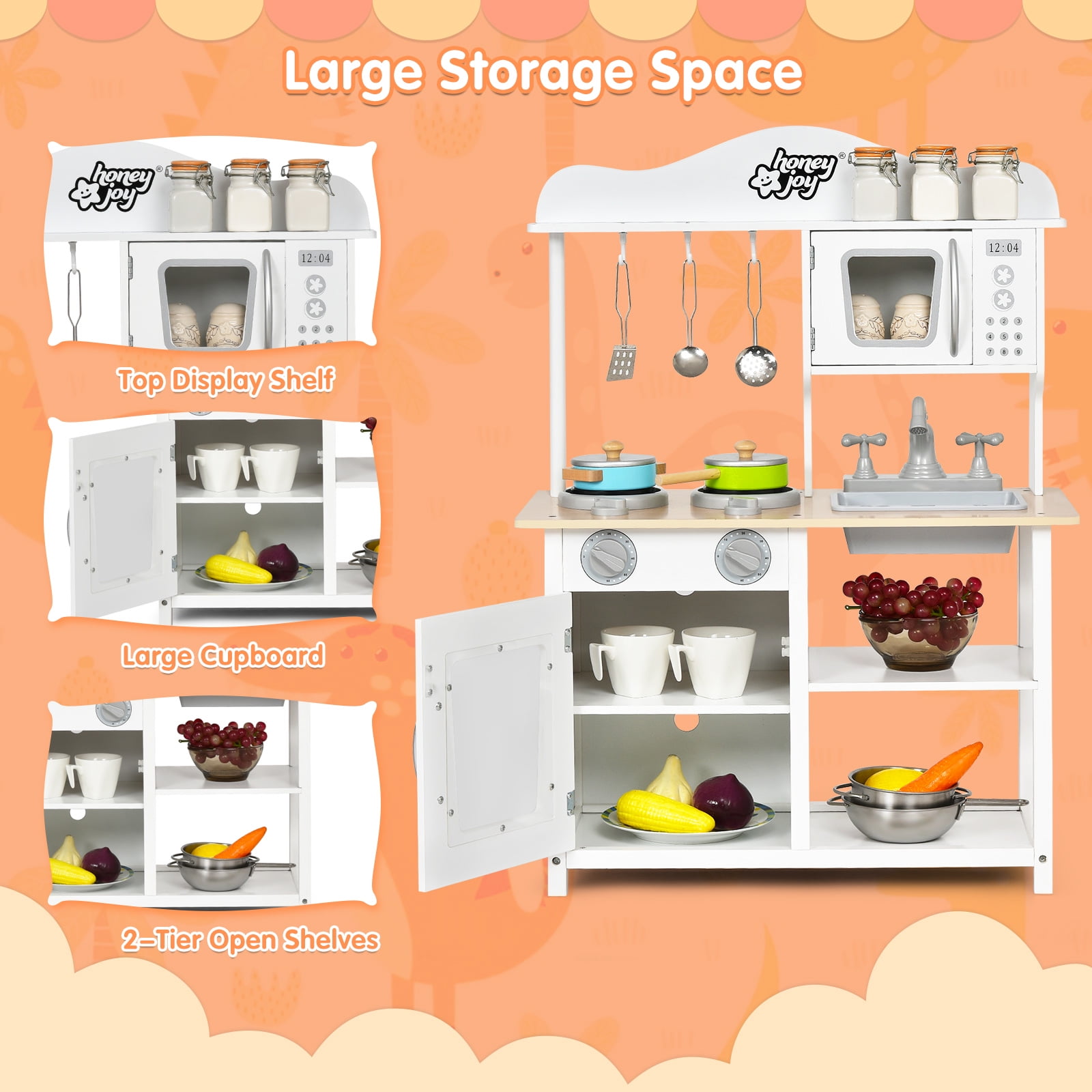 Topbuy Wooden Kids Toddlers Kitchen Playset Cooking Play Toy with Cookware Utensils Play Kitchen