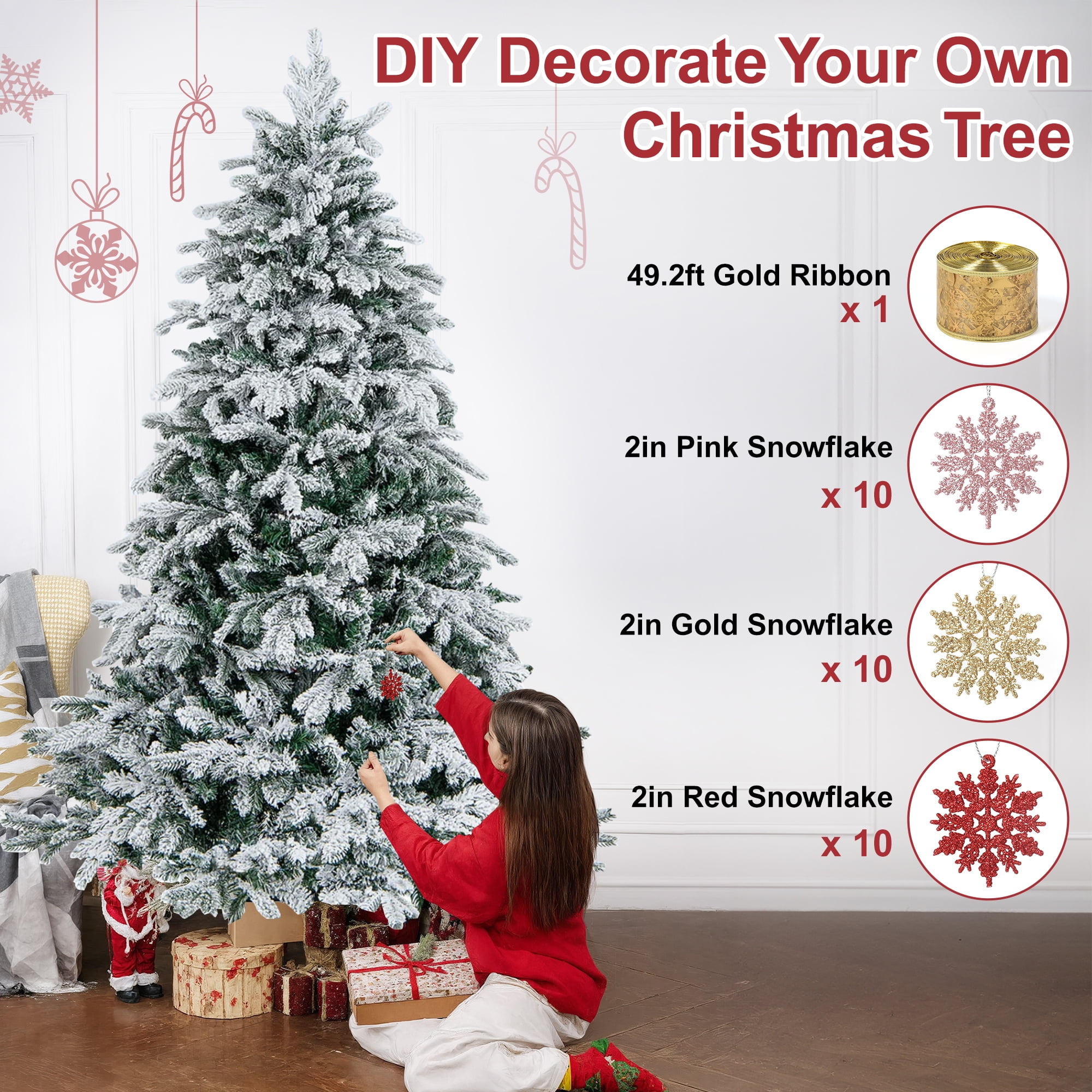 Vrilay 6ft Pre-Lit Snow Flocked Artificial Christmas Tree w/ 1000 Tips 300 Lights, Gold Ribbon & Snowflake Christmas Decorations