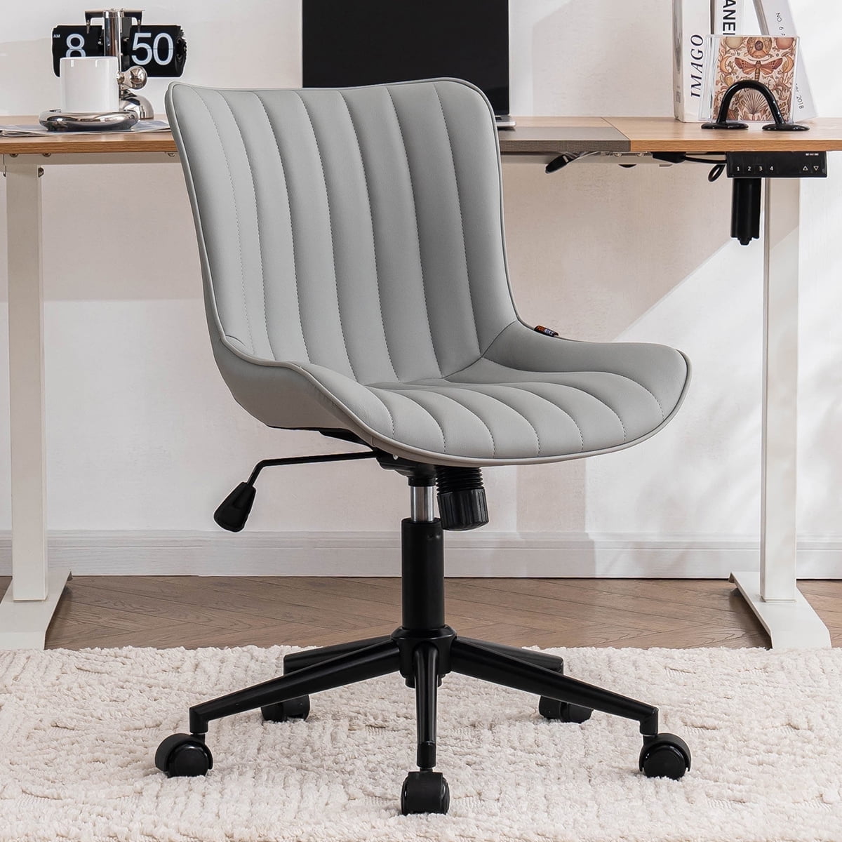 YOUNIKE Cute Armless Office Desk Chair Modern Upholstered Faux Leather Swivel Task Chair, Brown