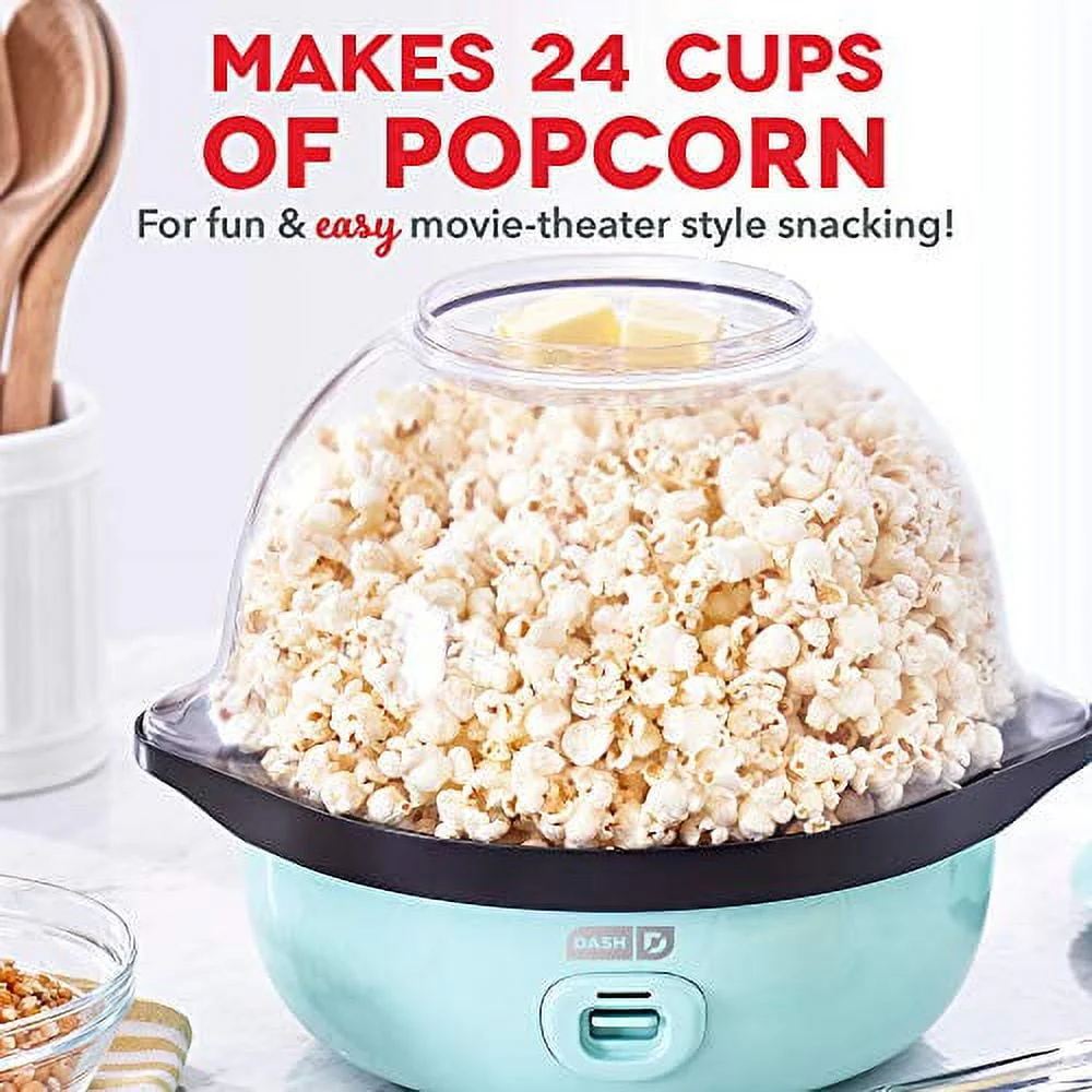 Dash DSSP355GBAQ02 SmartStore Deluxe Stirring Maker, Hot Oil Electric Popcorn Machine with Large Lid for Serving Bowl and Convenient Storage, 24 Cups, Aqua