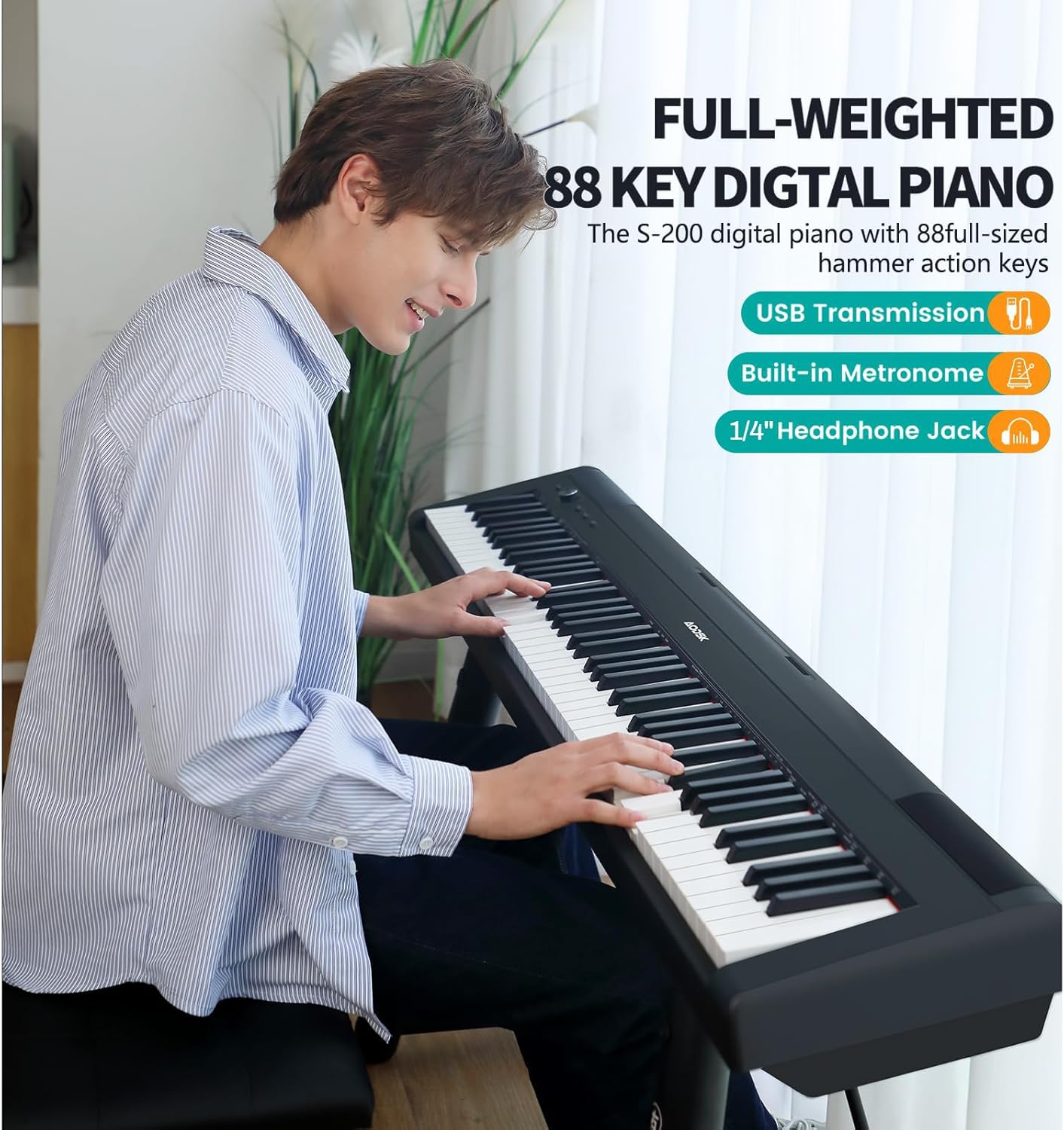 AODSK S-200 88-Key Weighted Digital Piano, Hammer Action, Black, with Sustain Pedal & Stereo Speakers