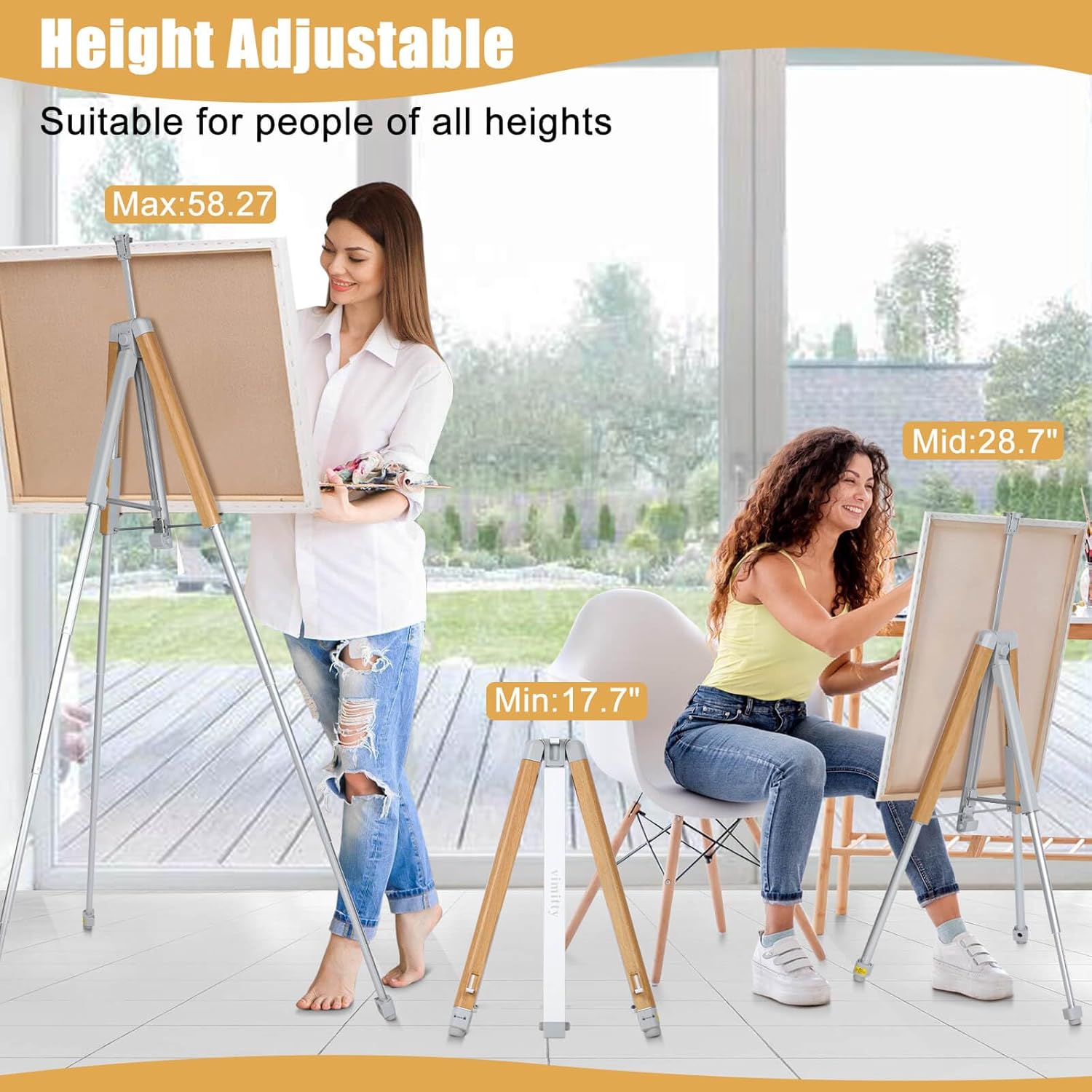 Vimmity Portable Aluminum Easel Stand, Adjustable 17”-58”, Compact Tripod for Painting & Display, Walnut Silver