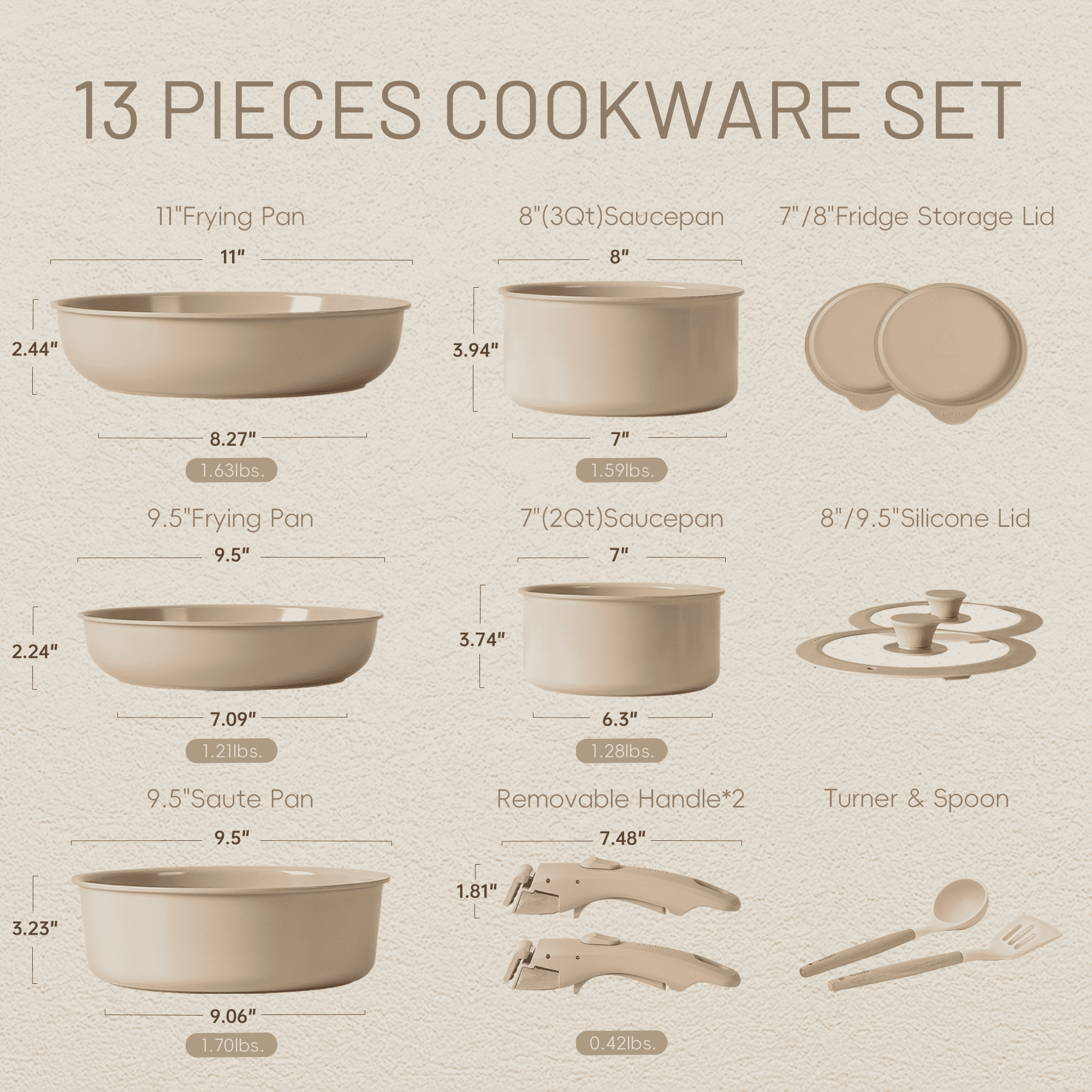 CAROTE 13-Piece Ceramic Cookware Set, Detachable Handle Pots and Pans Set, Oven Safe, Cream White