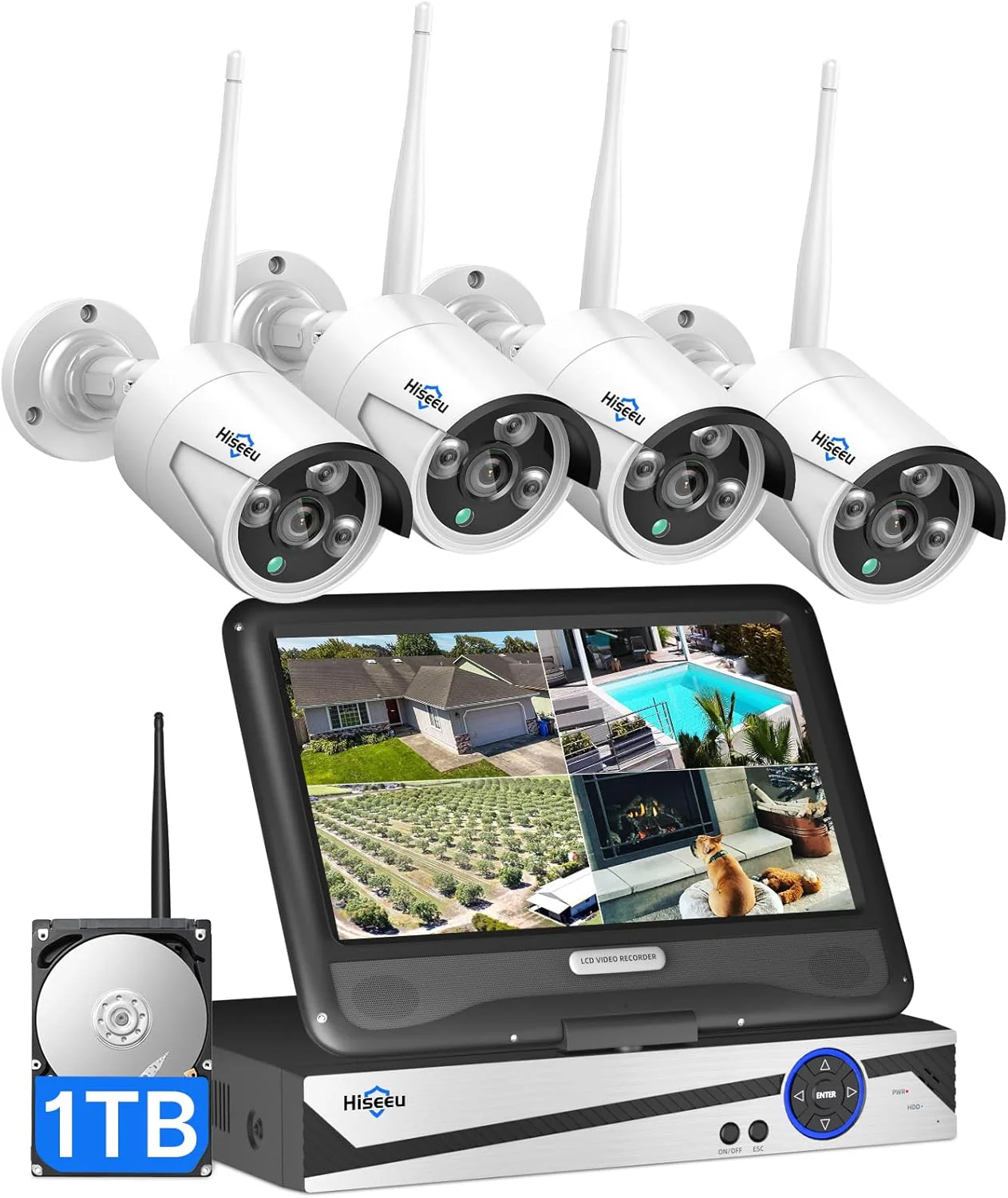 ��Wireless Pro,Plug & Play�� Hiseeu 2.5K 5MP WiFi Security Camera System Outdoor,Expandable 16CH 8MP NVR, 1TB HDD,Spotlight,2 Way Audio, IP66 Waterproof, Motion Alert, DC Power Plug-in, 24/7 Recording