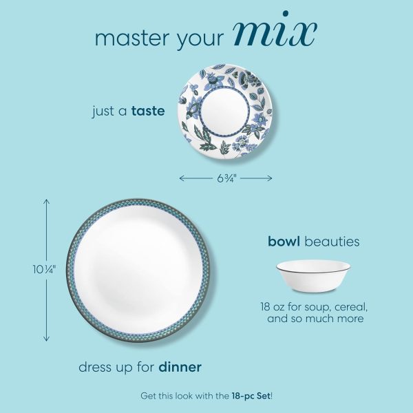 18-Piece Dinnerware Set, Service for 6, Lightweight Round Plates and Bowls Set, Vitrelle Triple Layer Glass, Chip Resistant, Microwave and Dishwasher Safe, Veranda