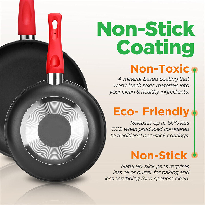 21-Piece Non-Stick Cookware Set with Red Silicone Handles – Oven Safe, Includes Saucepans, Dutch Oven, Frypans, and Baking Pans